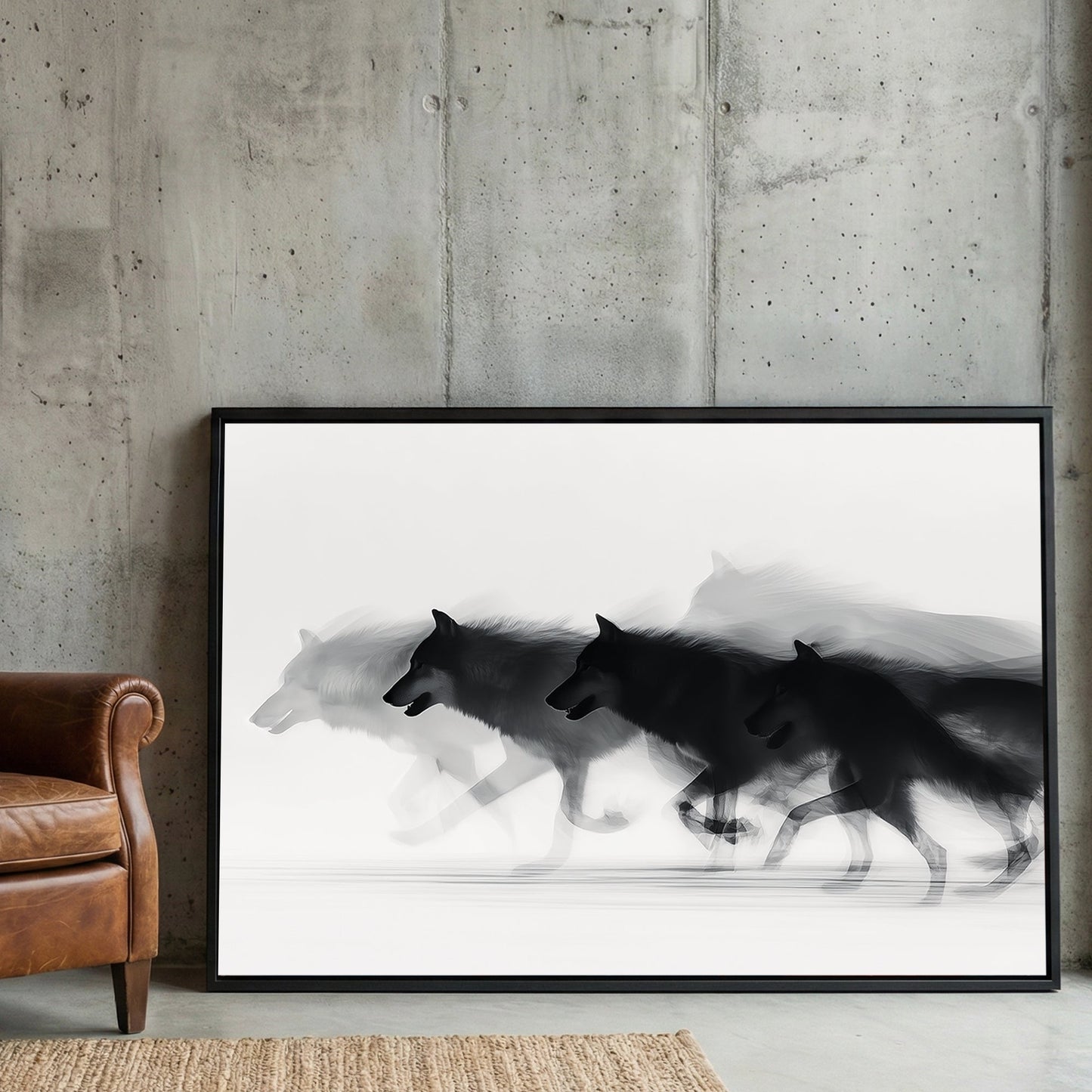 Minimalist wall art of a running wolf pack in black and white with motion blur.