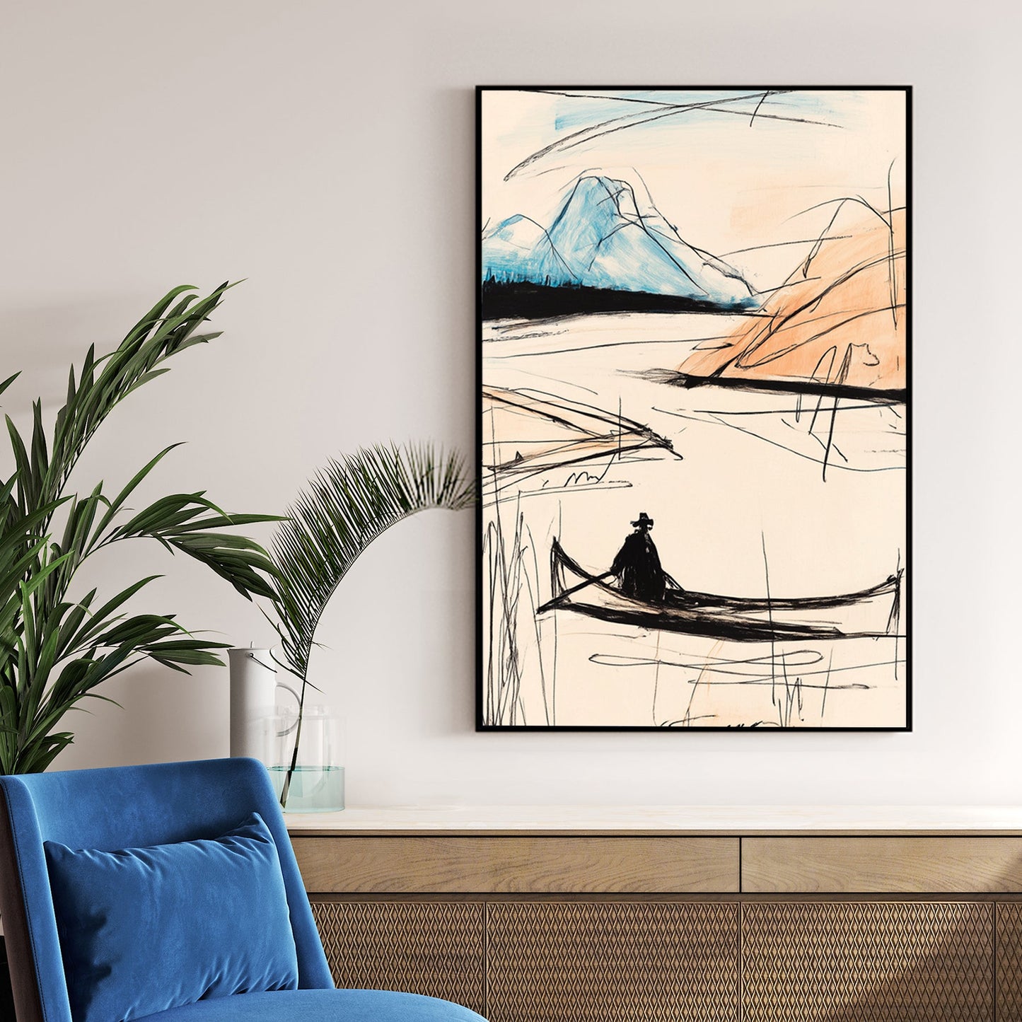 Minimalist sketch of a man in a canoe with blue mountains wall art.