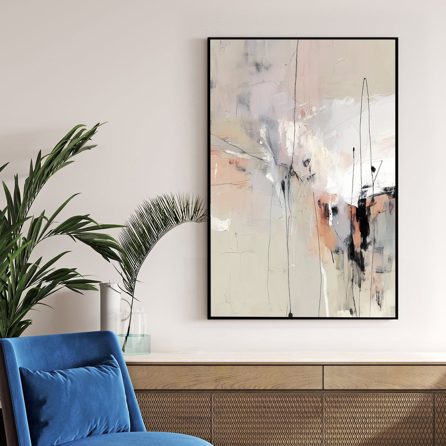 Contemporary neutral abstract wall art with beige tones and black charcoal lines.