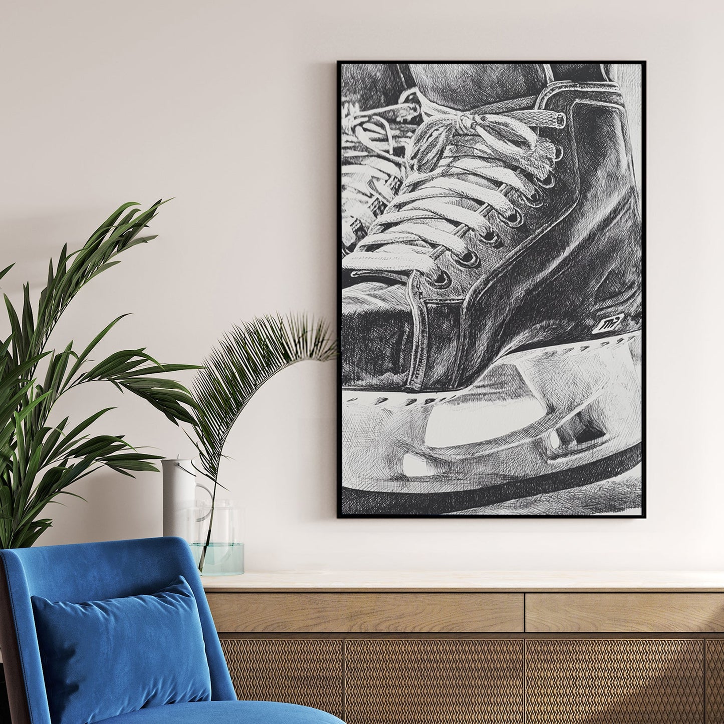 Close-up monochrome ink illustration of a hockey skate wall art.