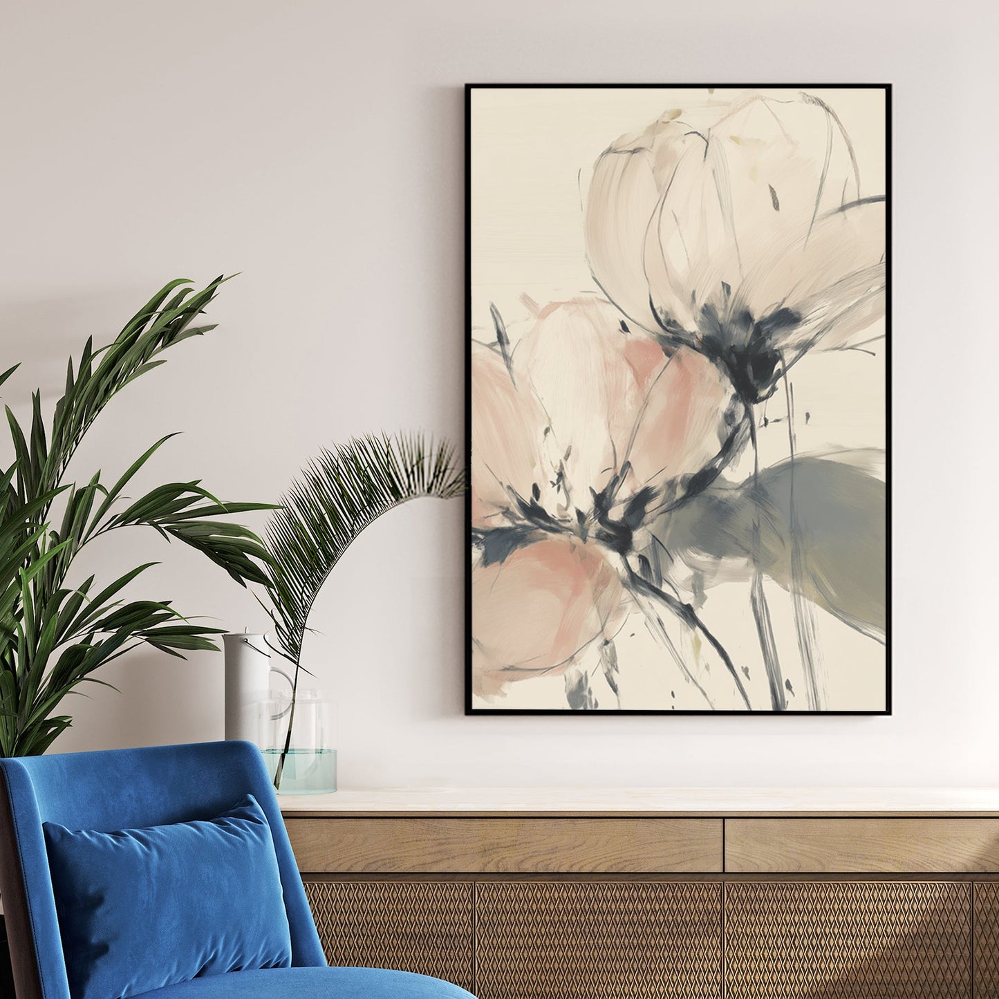 Soft pink and cream peony floral wall art in a minimalist impressionist style.