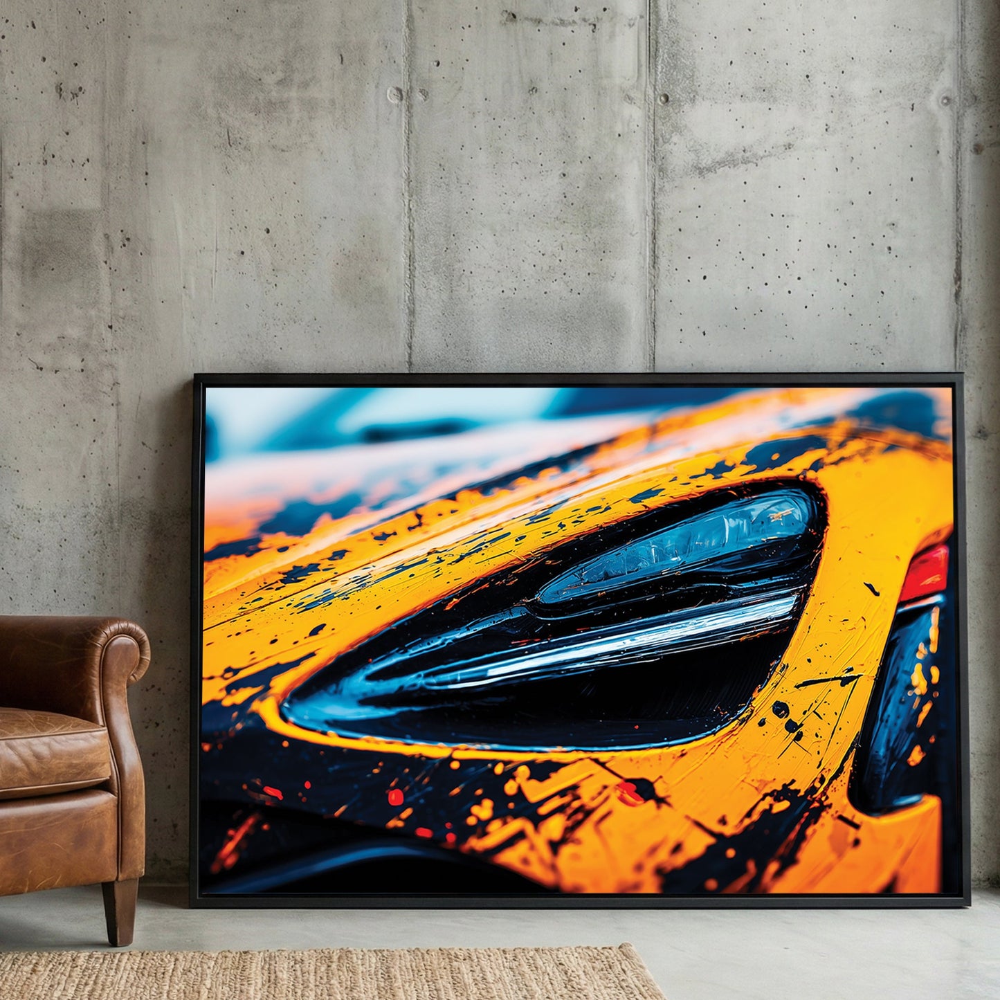 McLaren 720S headlight with orange and black street art style graphics wall art
