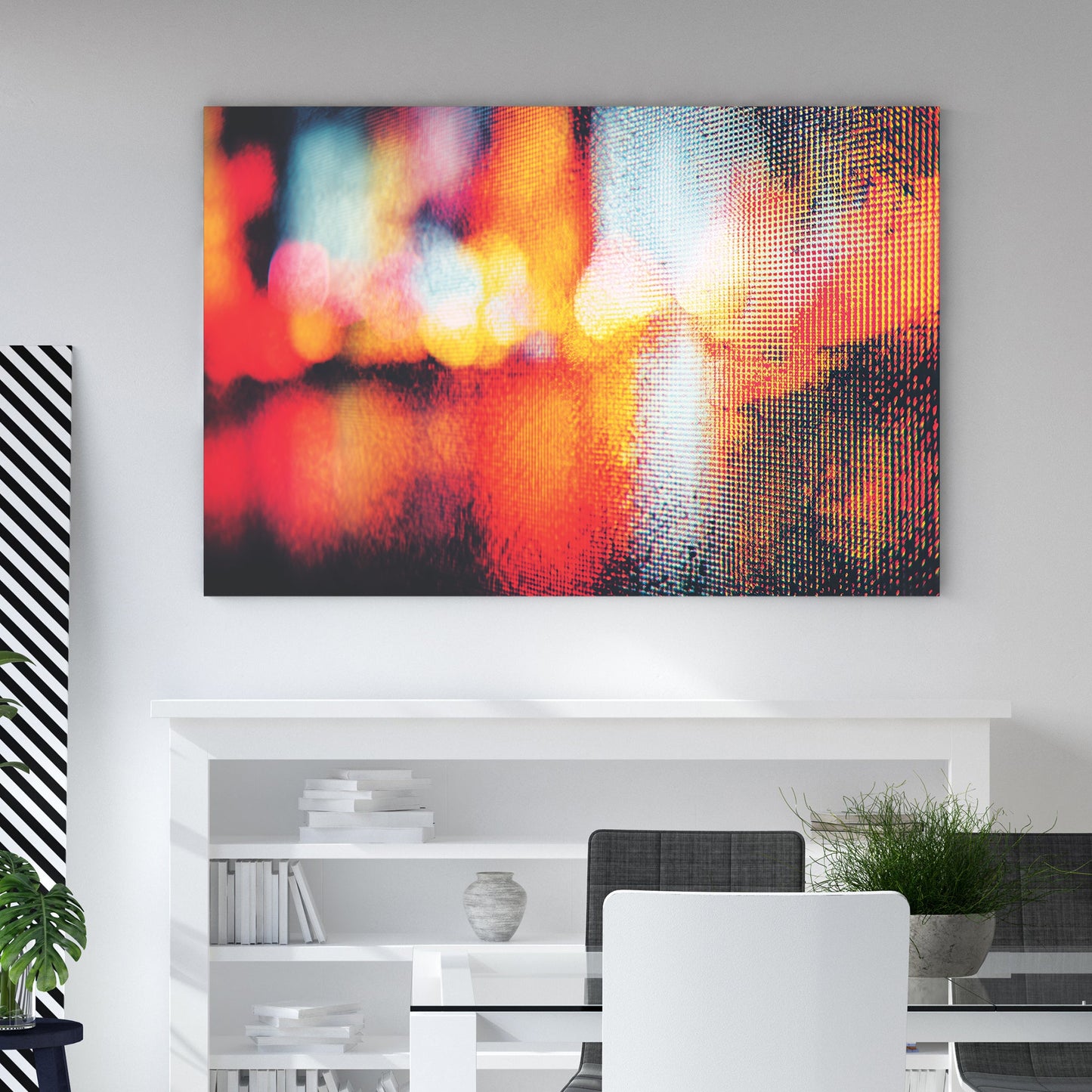 Abstract city lights photography wall art with red and yellow bokeh and digital pixel texture.