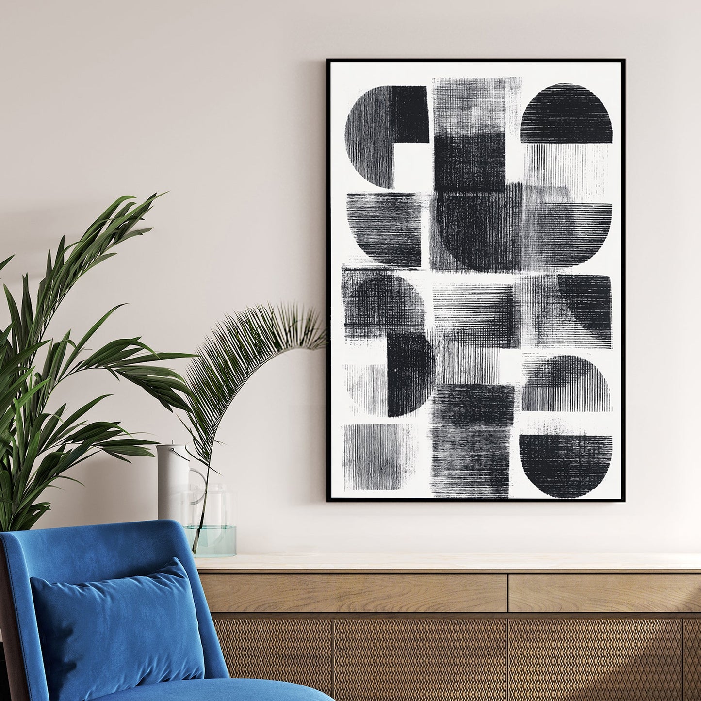 Monochrome geometric abstract wall art with cross-hatched shapes.