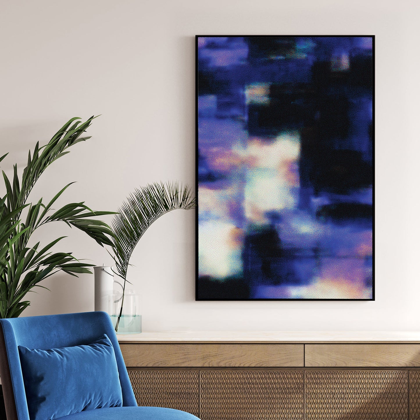 Abstract digital glitch wall art with blue halftone dots and indigo patterns.