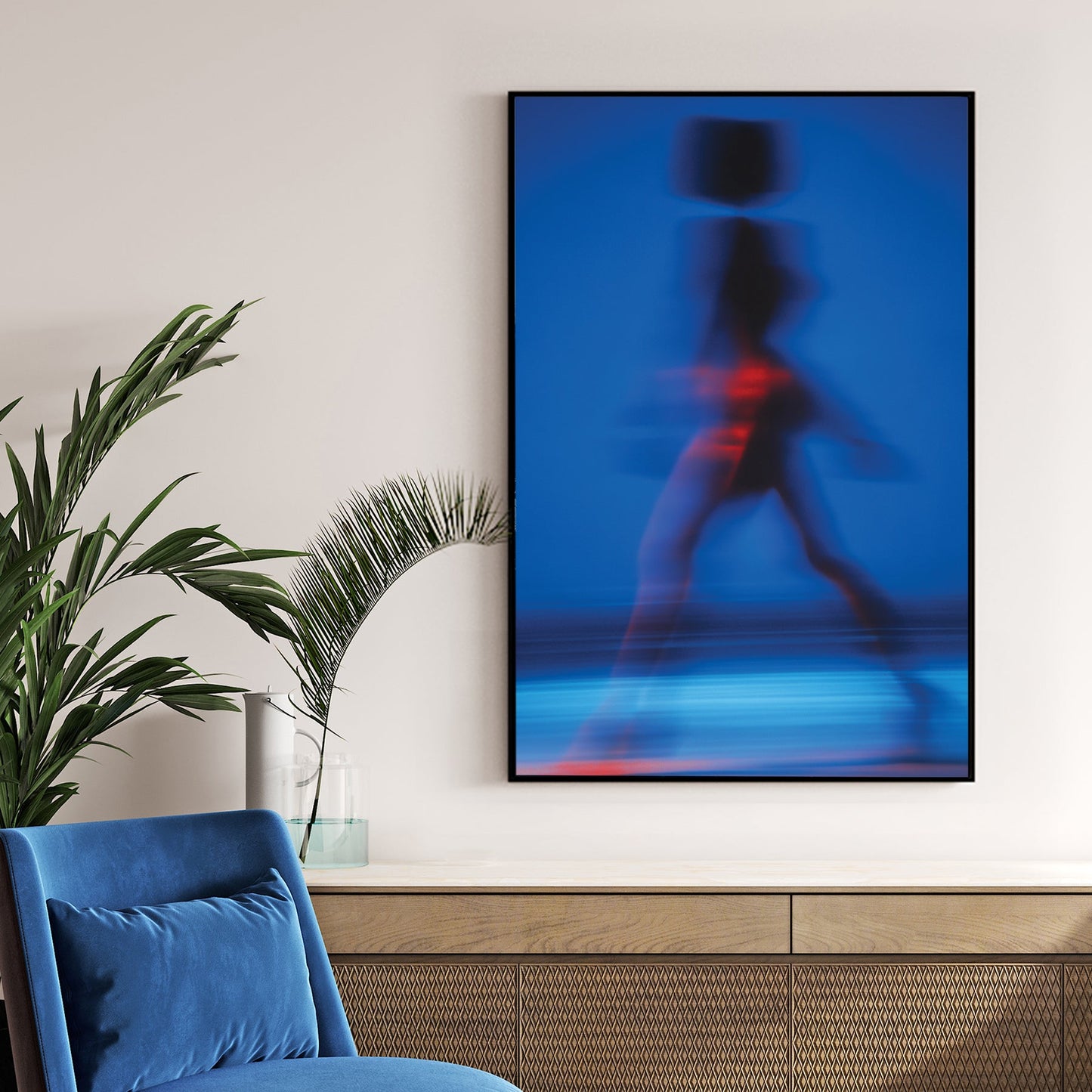Abstract motion blur photography of a silhouette walking in blue wall art.