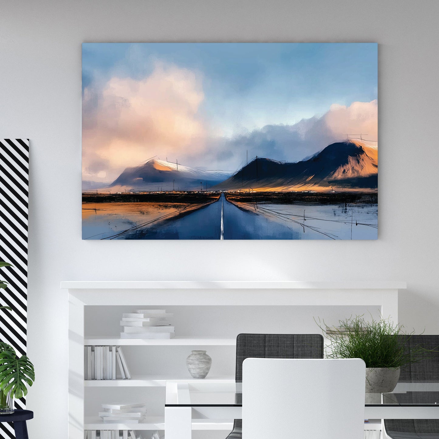 Impressionist Mountain Road wall art featuring a highway leading toward snowy peaks under clouds.