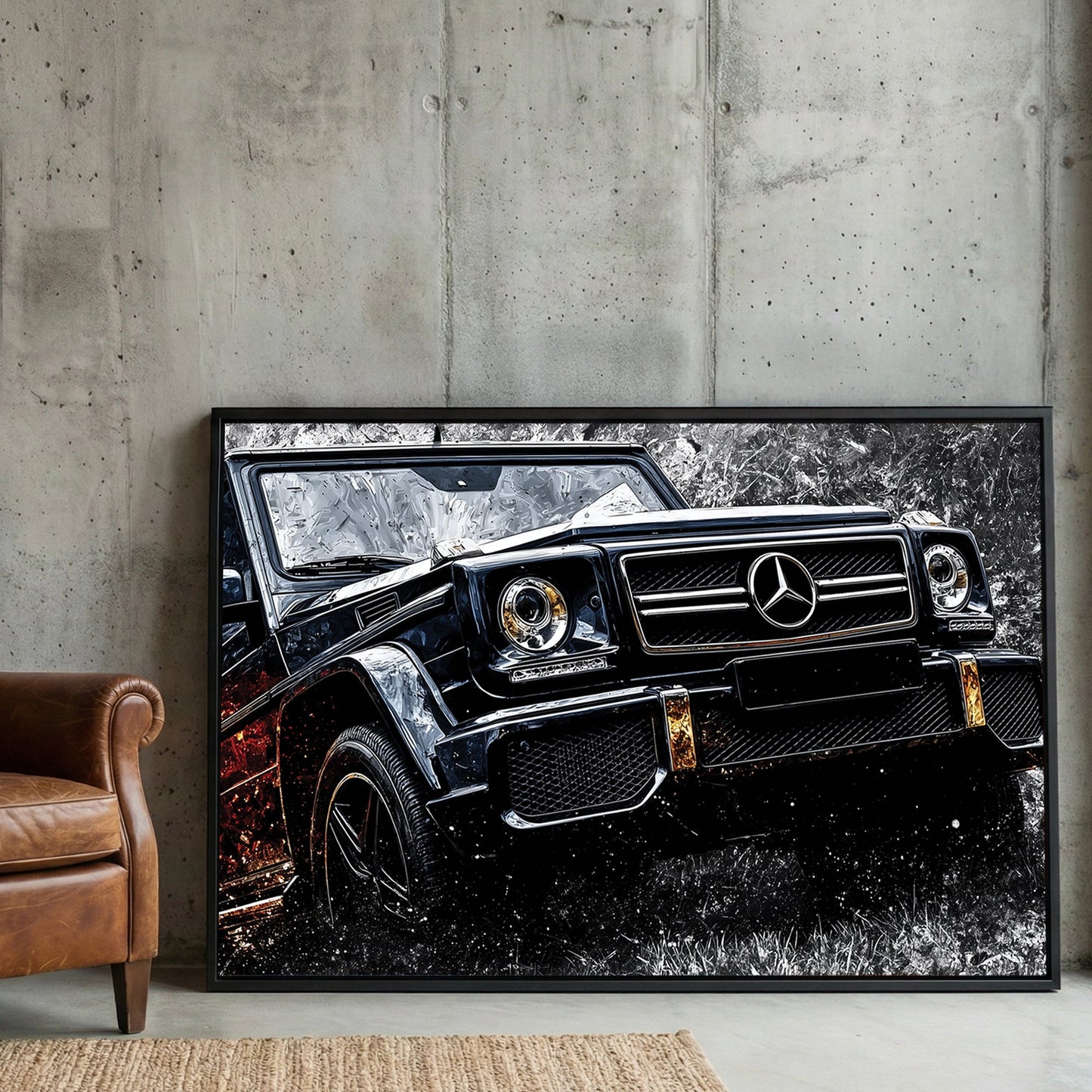Mercedes-Benz G-Class street art wall art with black paint and urban patterns.