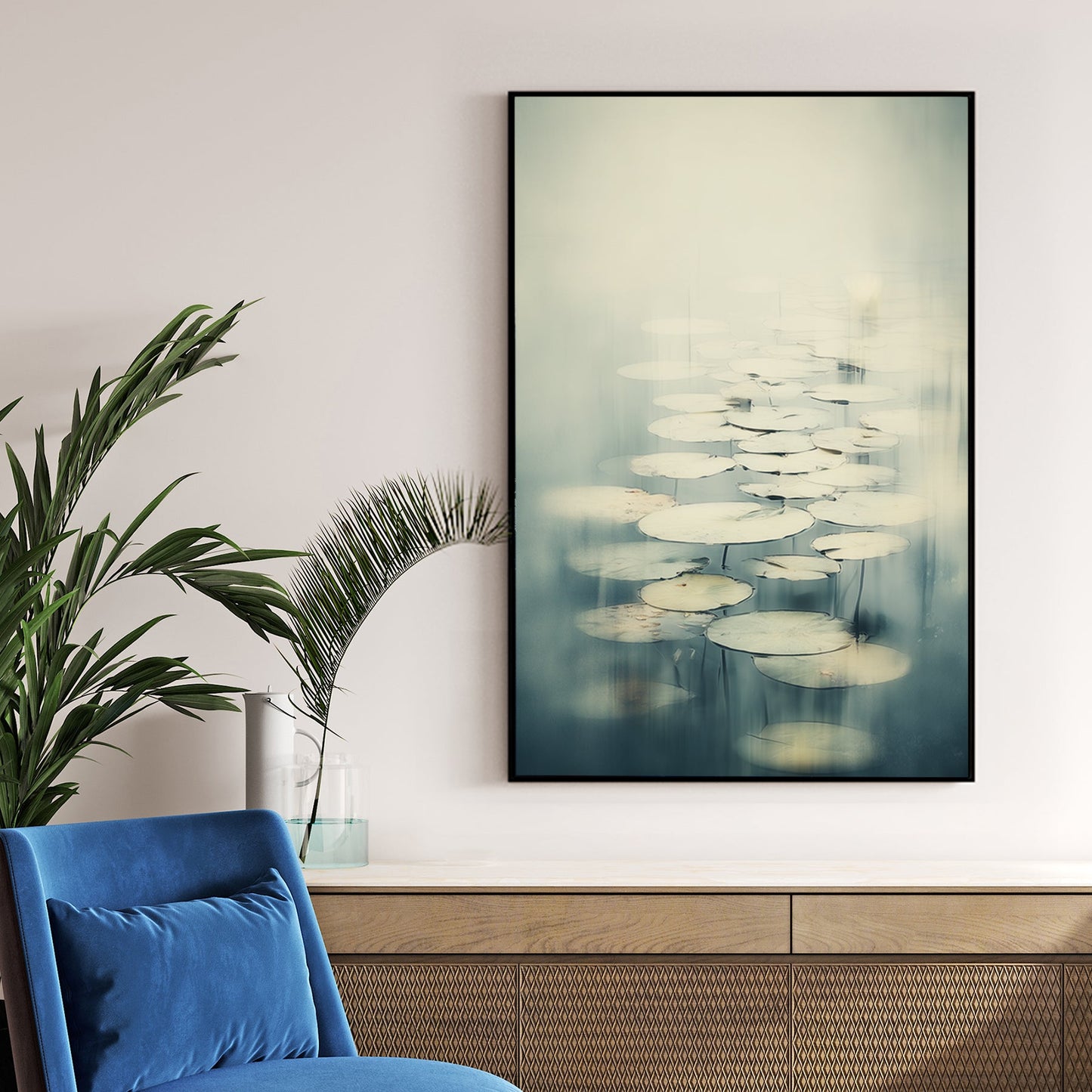 Impressionist Monet Water Lilies wall art featuring soft green lily pads in a misty pond.