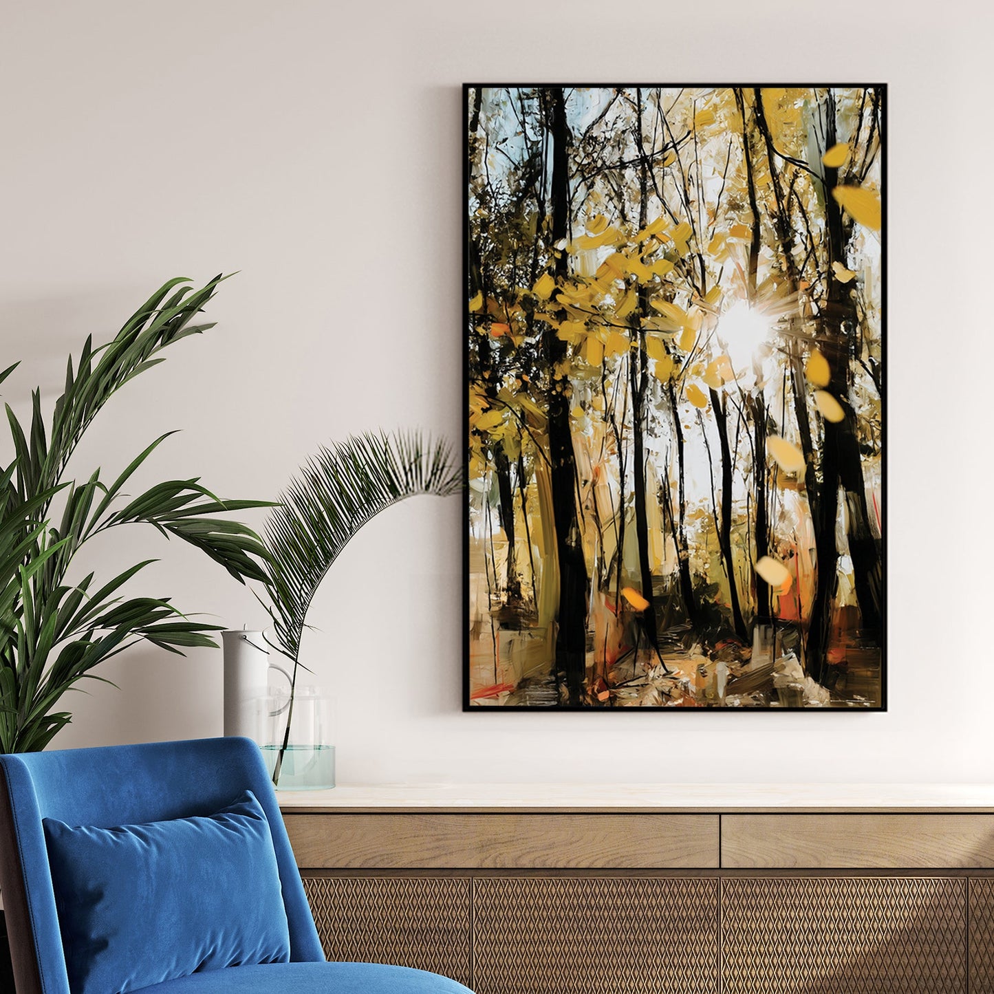 Impressionist golden autumn forest with sunbeams wall art.