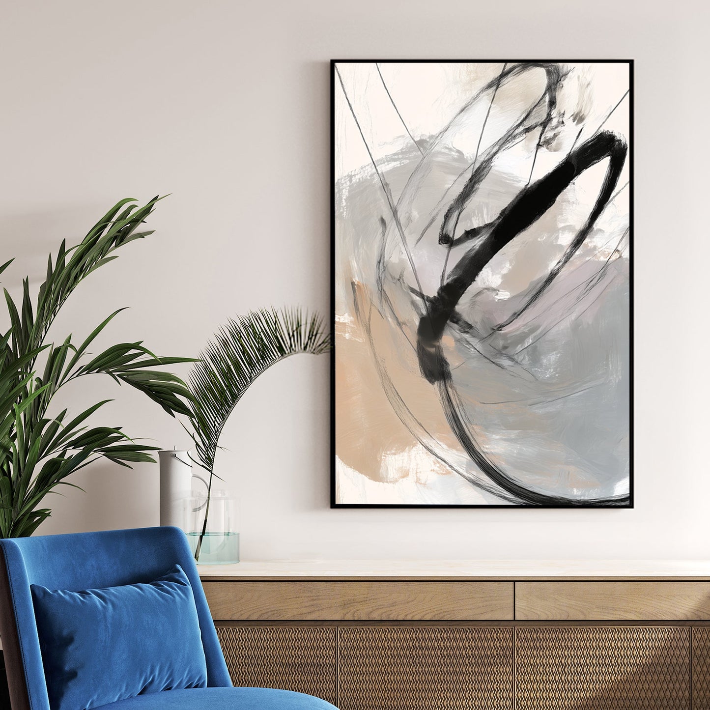 Abstract minimalist wall art with bold black sweeping lines on a beige and grey background.