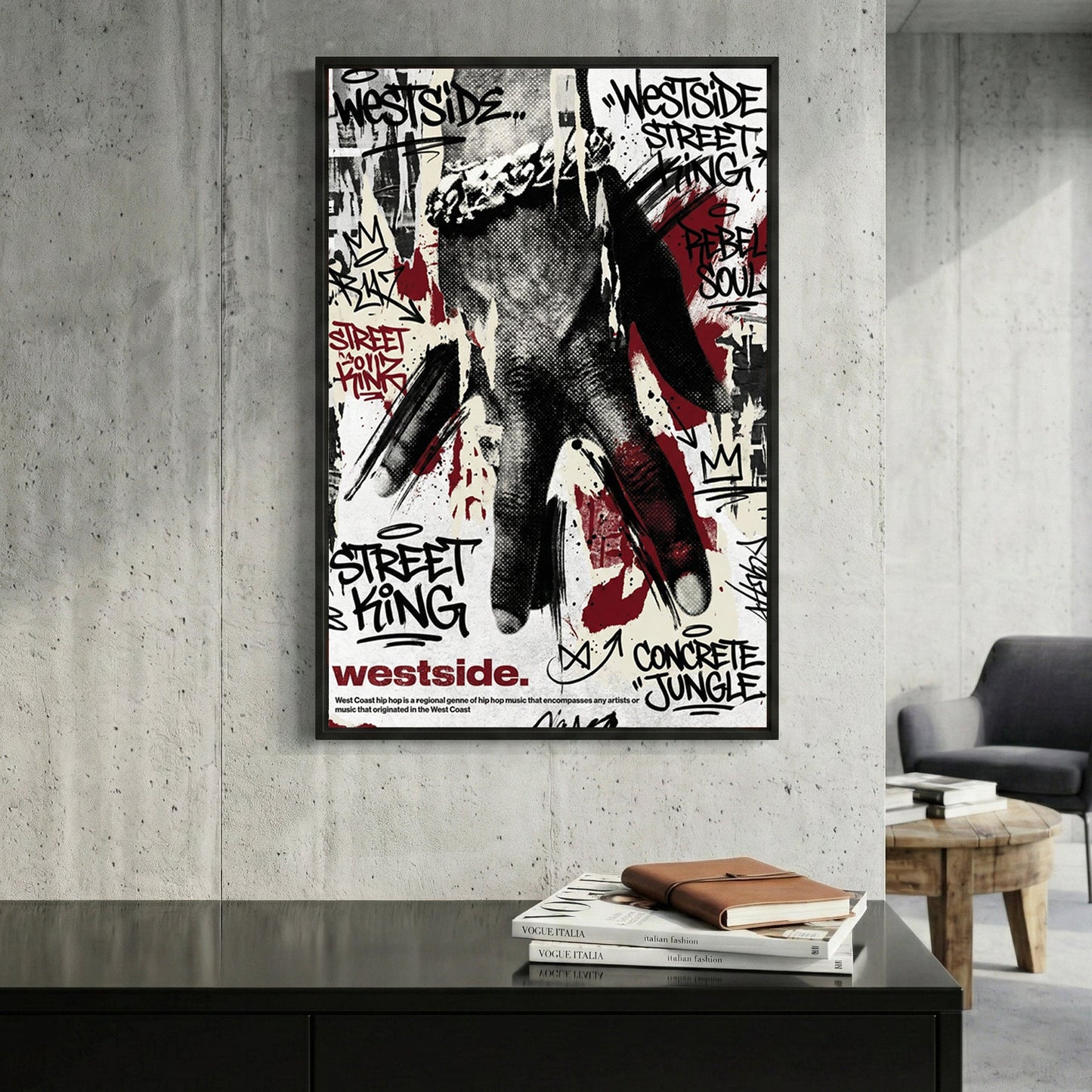Westside hip-hop street king graffiti typography hand gesture wall art print