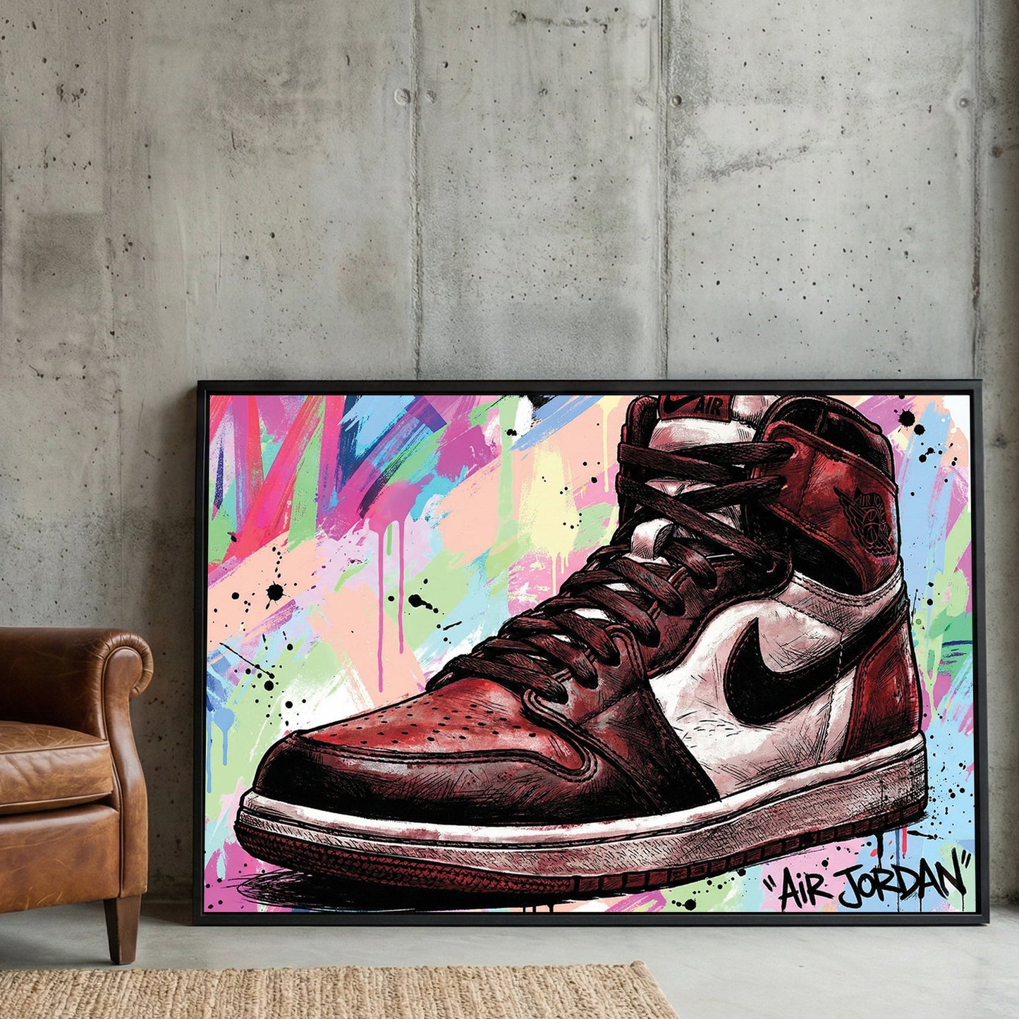 Air Jordan sneaker pop art wall art print with neon colours and splashes