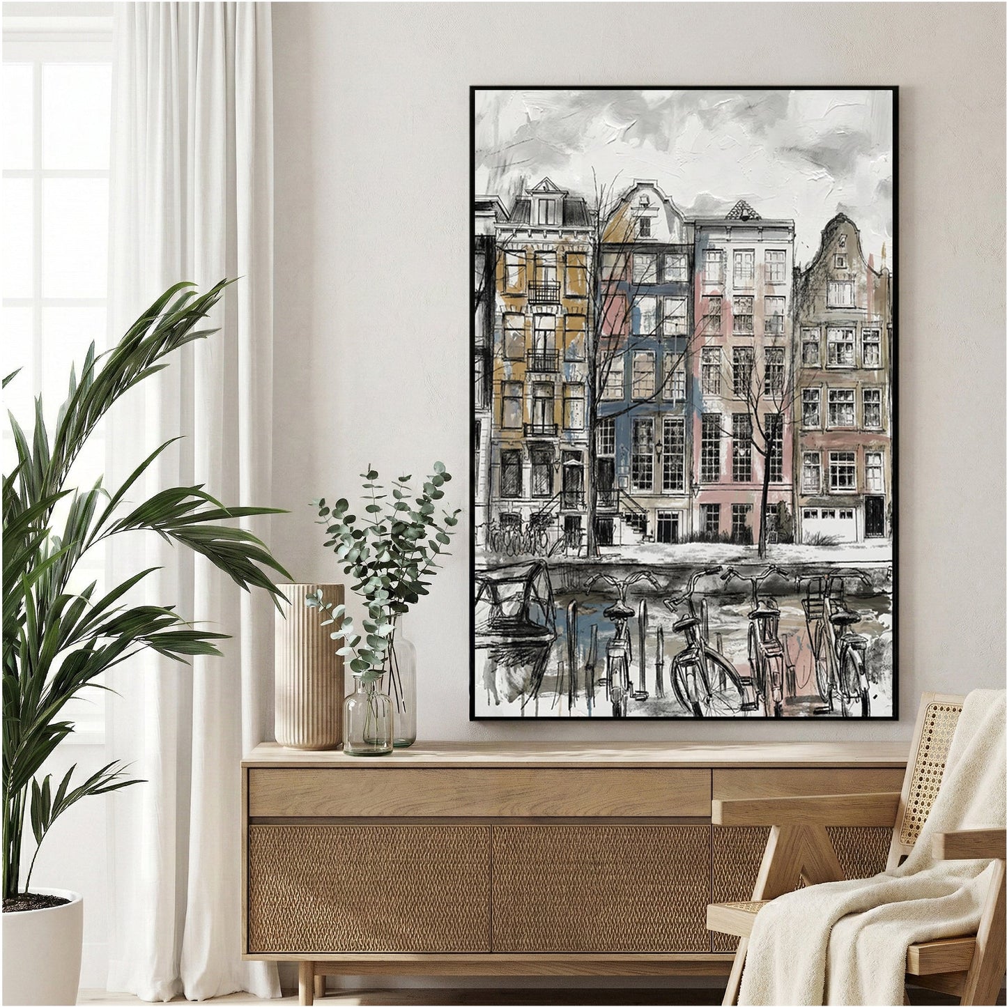 Amsterdam canal houses sketch wall art print with architectural detail