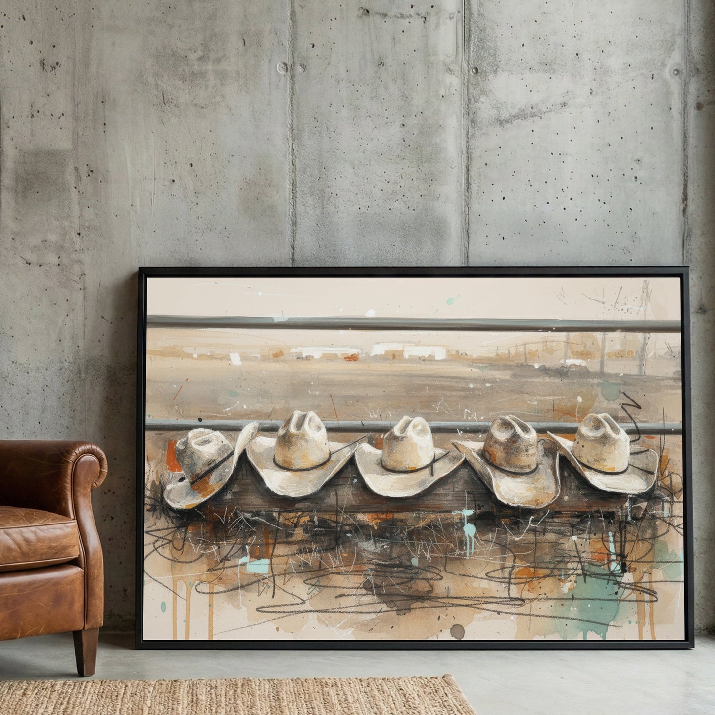 Cowboy hats line illustration wall art print with rustic tones