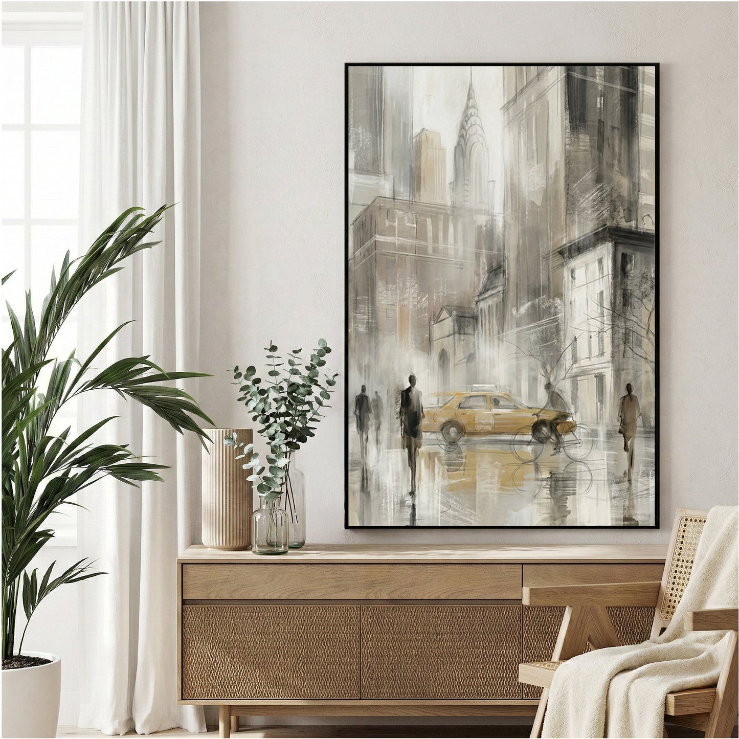 New York City yellow taxi with Chrysler Building in watercolour sketch style