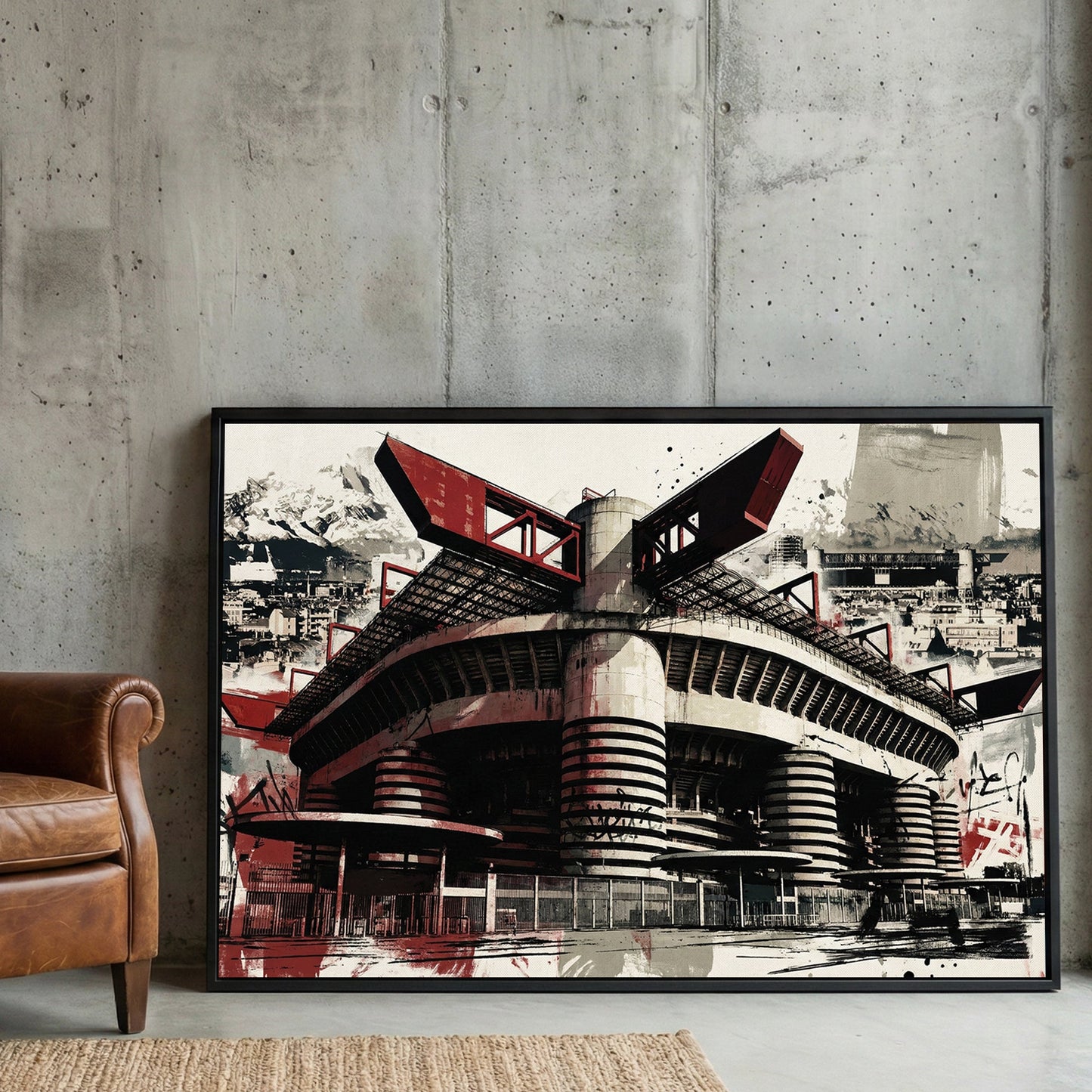 San Siro Milan stadium in red and black with architectural urban graffiti style