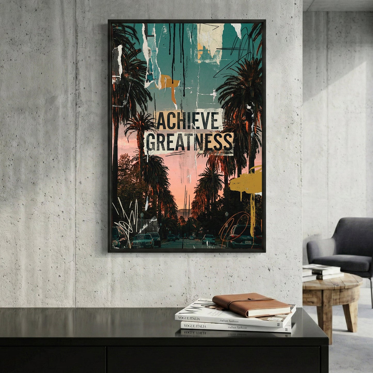 Palm trees silhouettes with achieve greatness text in pop art style wall art print