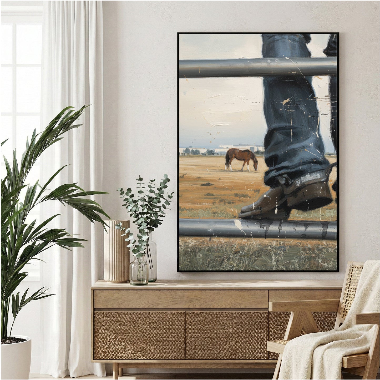 Horse in rural landscape through weathered metal fence wall art print