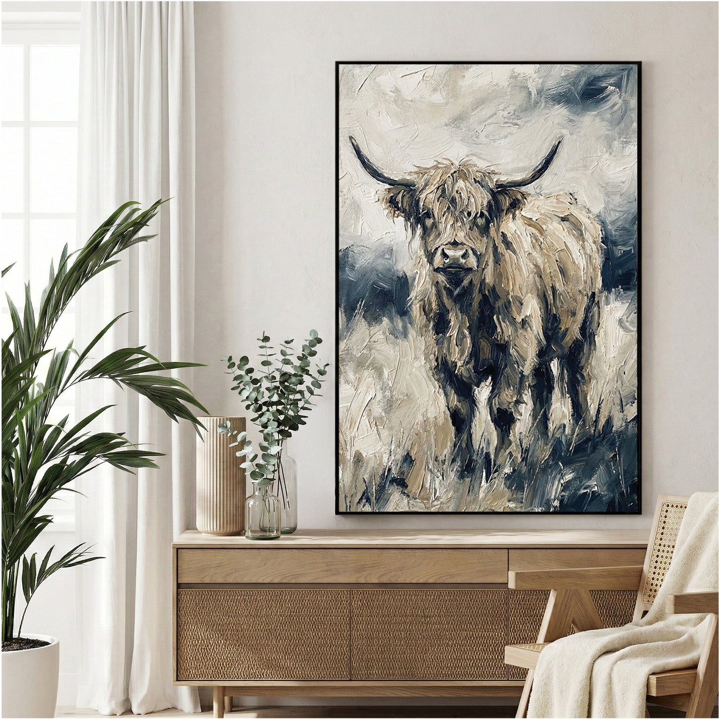 Highland cattle watercolour portrait with horns and shaggy coat in cream and grey