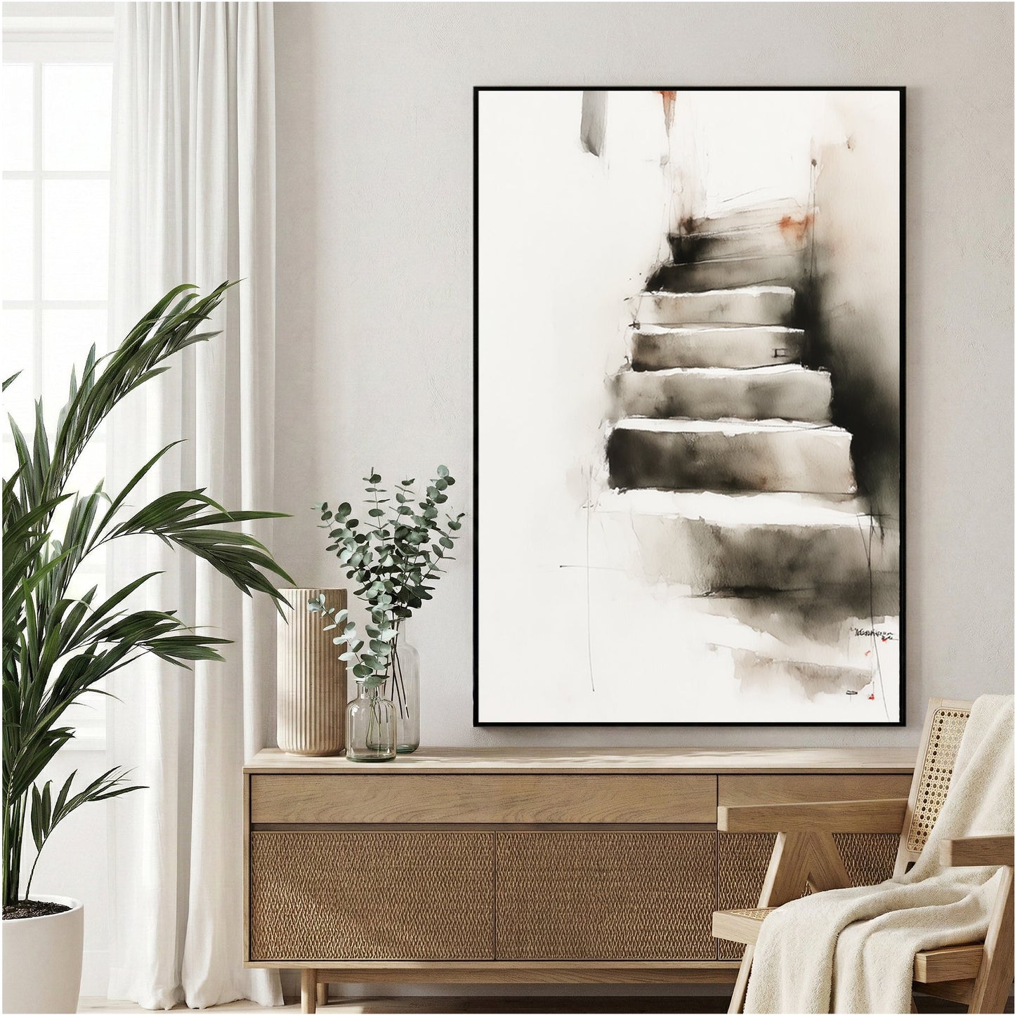 Stairway ascent minimalist conceptual misty grey wall art