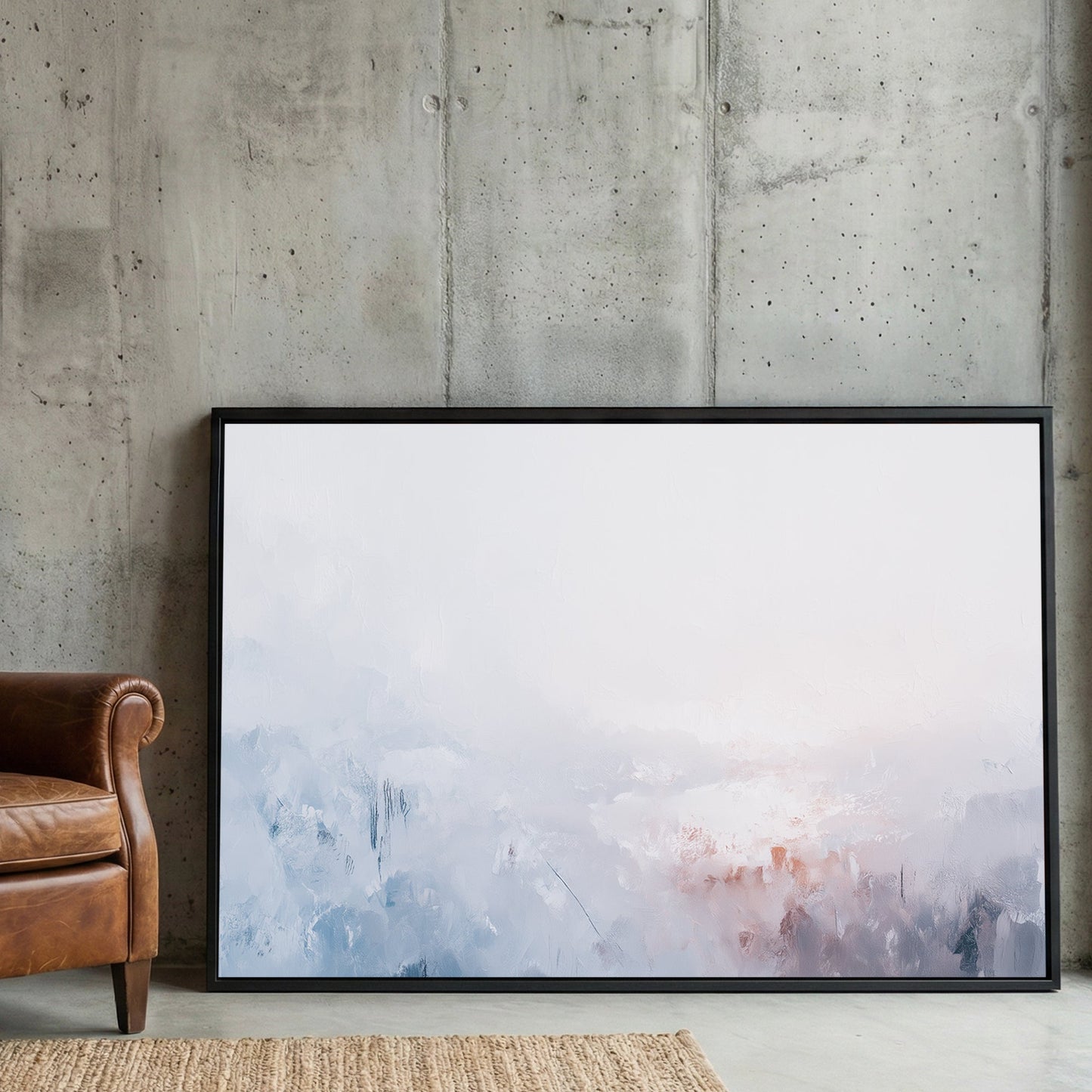 Misty mountain landscape in soft pink and blue watercolour tones