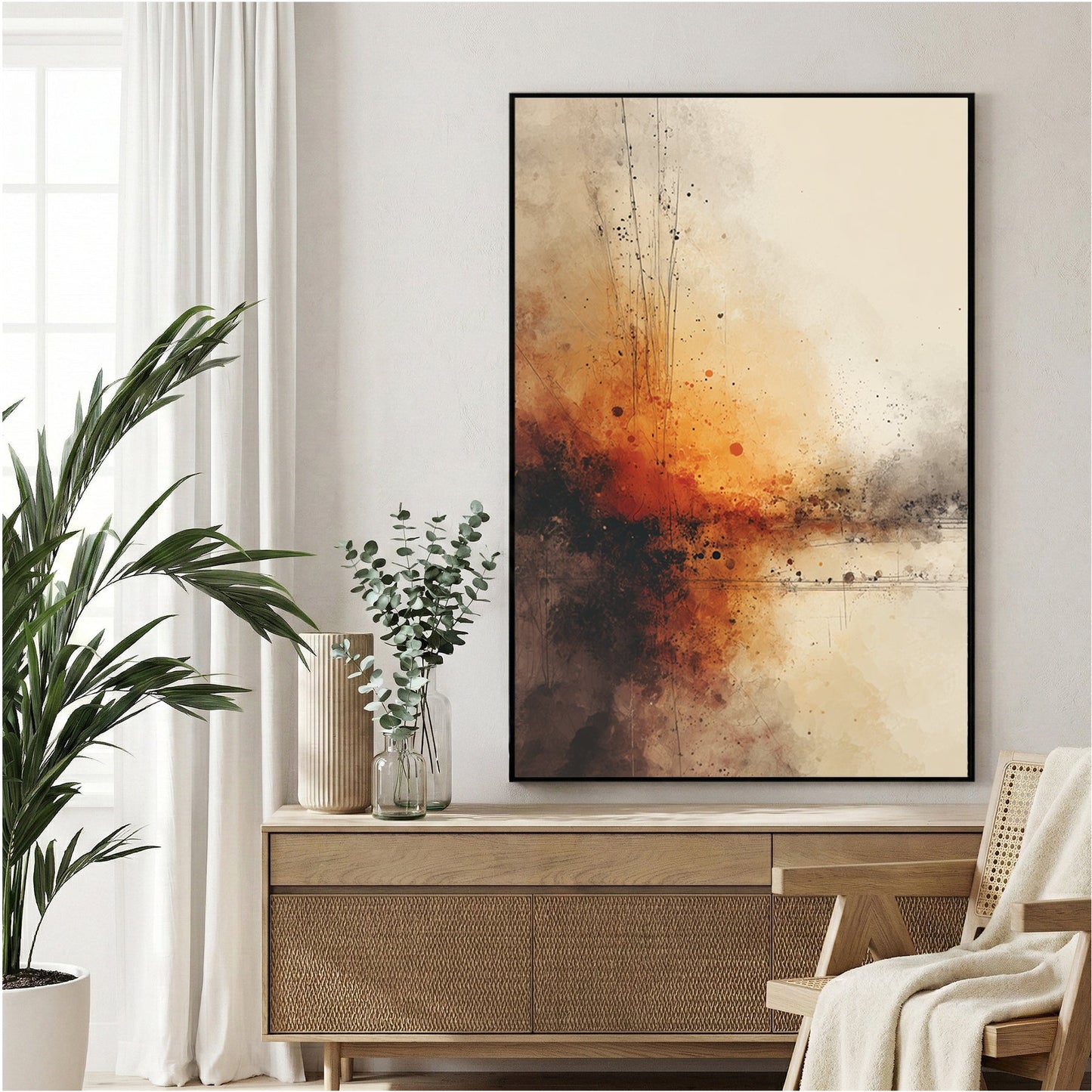 Abstract explosion artwork in orange, rust, and blue tones