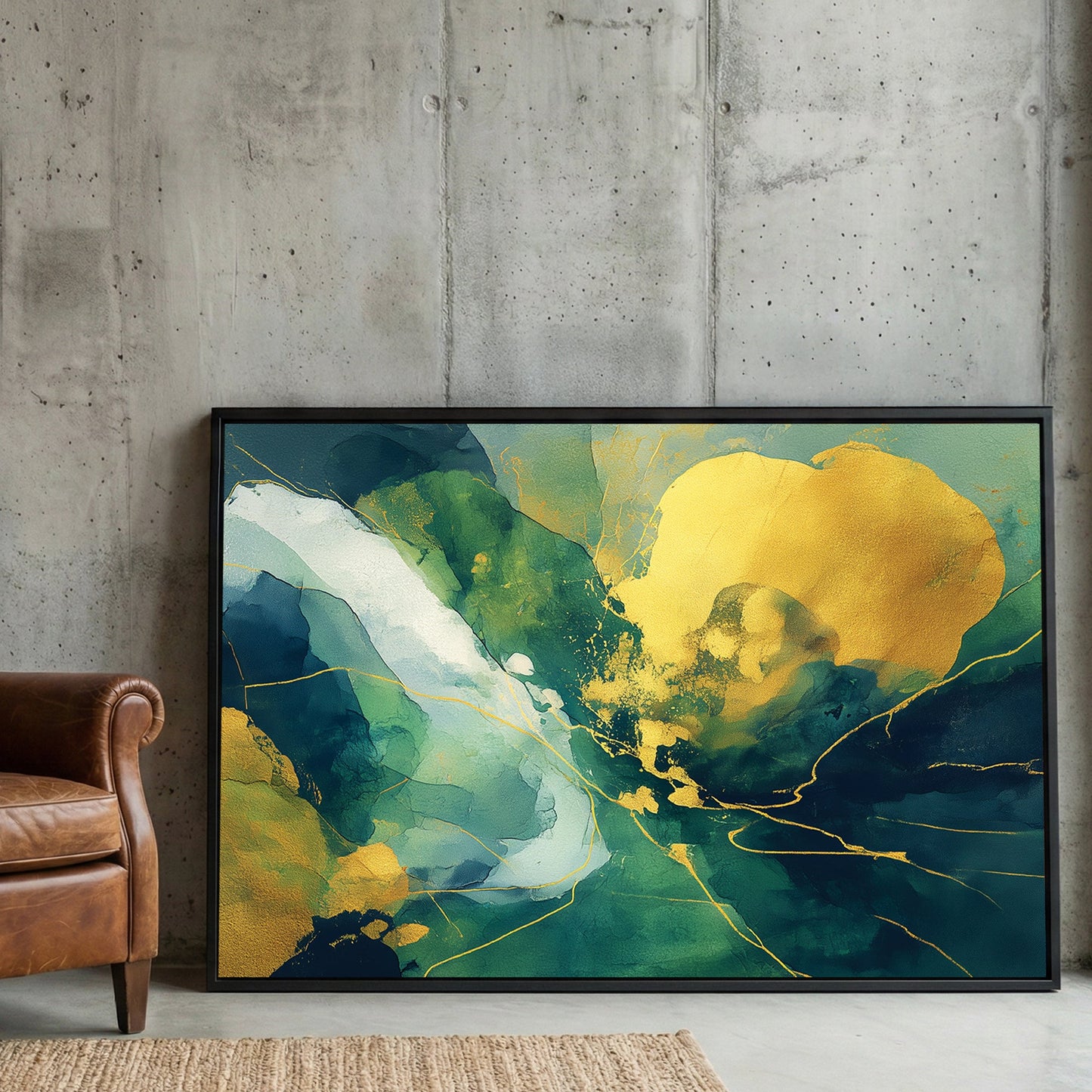 Green and gold abstract mixed media contemporary art watercolour paint