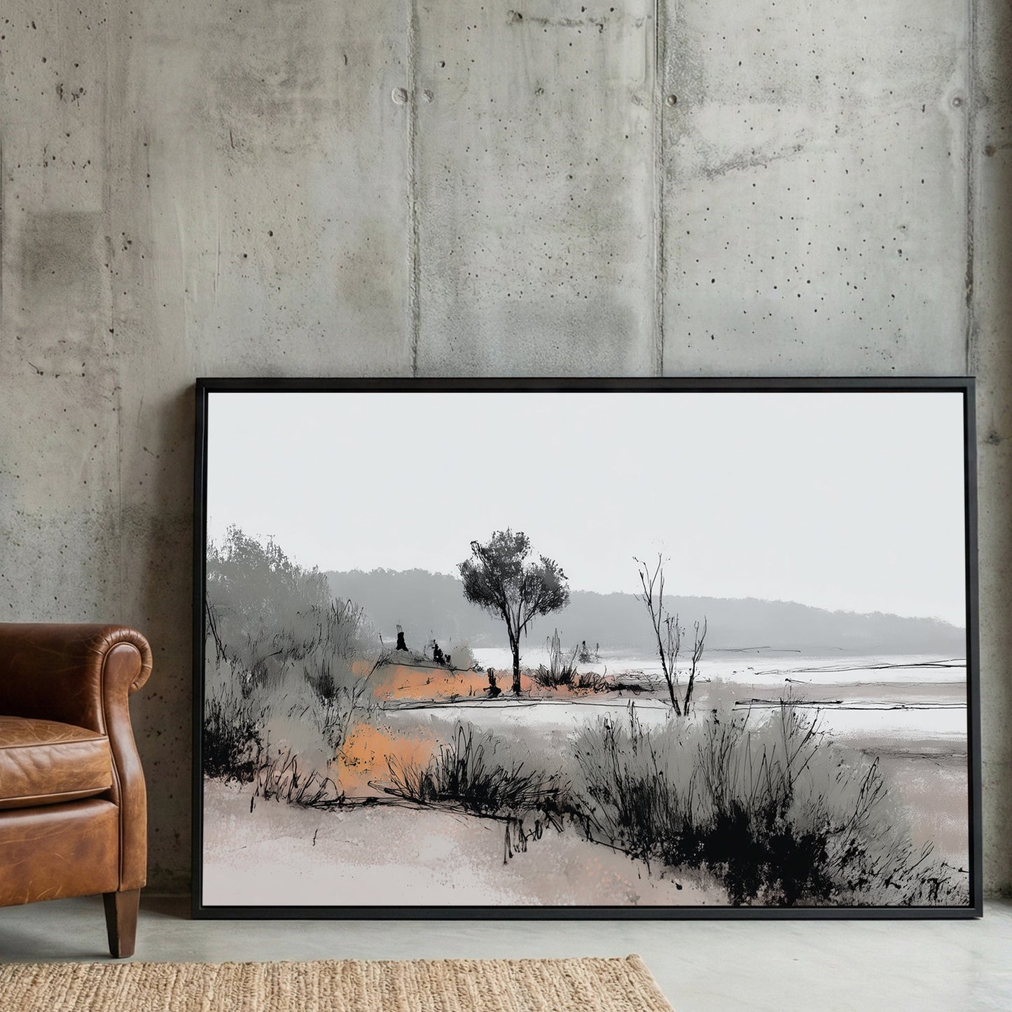 Marshland watercolour with grasses and trees landscape