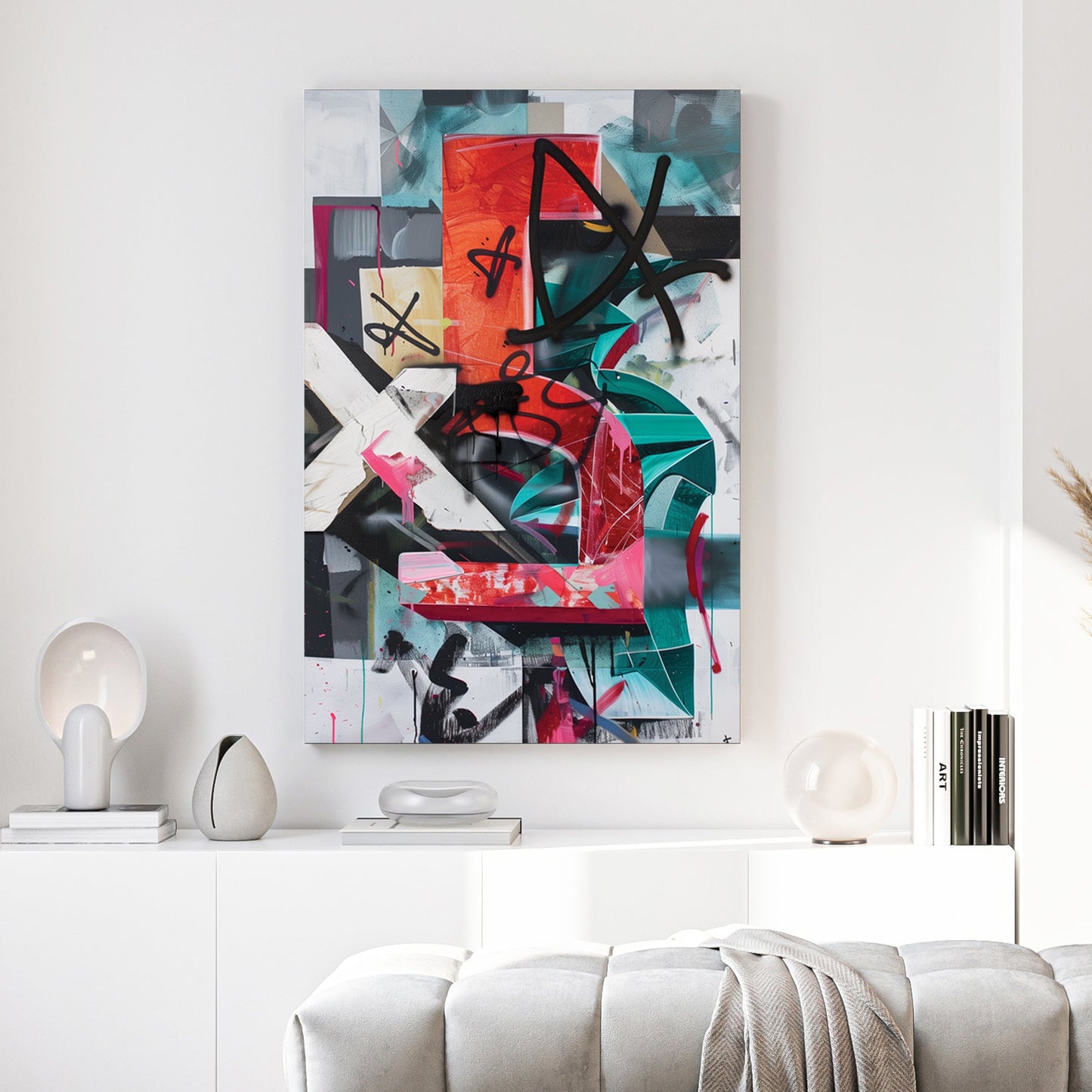 Mixed media collage with geometric blocks and black marks urban bold wall art print