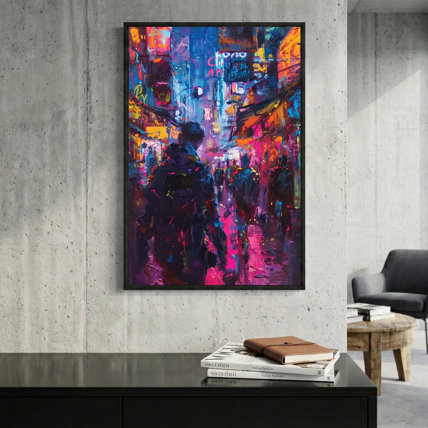 Urban street scene contemporary wall art print with neon colours and city energy