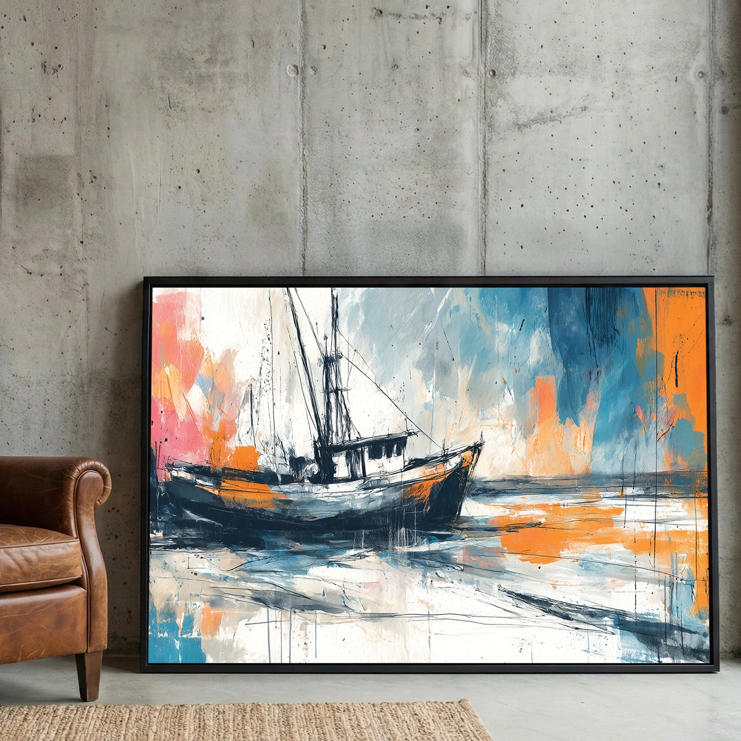 Fishing boat watercolour wall art print with soft coastal colours