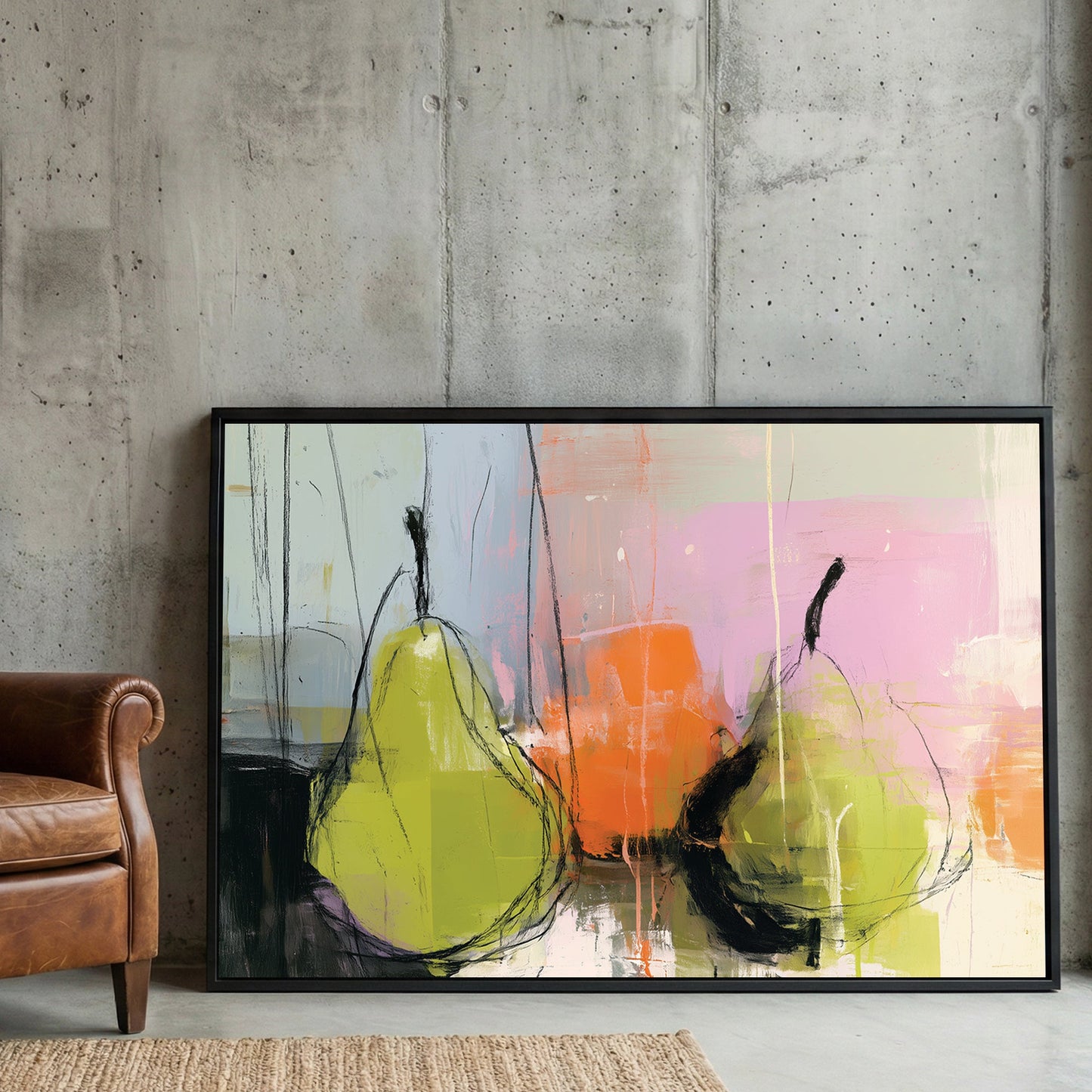 Abstract pears watercolour wall art with playful colours and line work