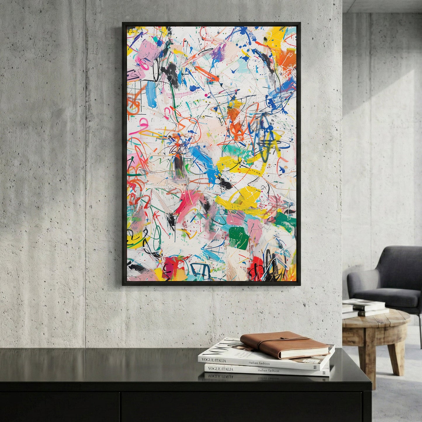 Abstract splatter contemporary wall art with vibrant colours and playful marks