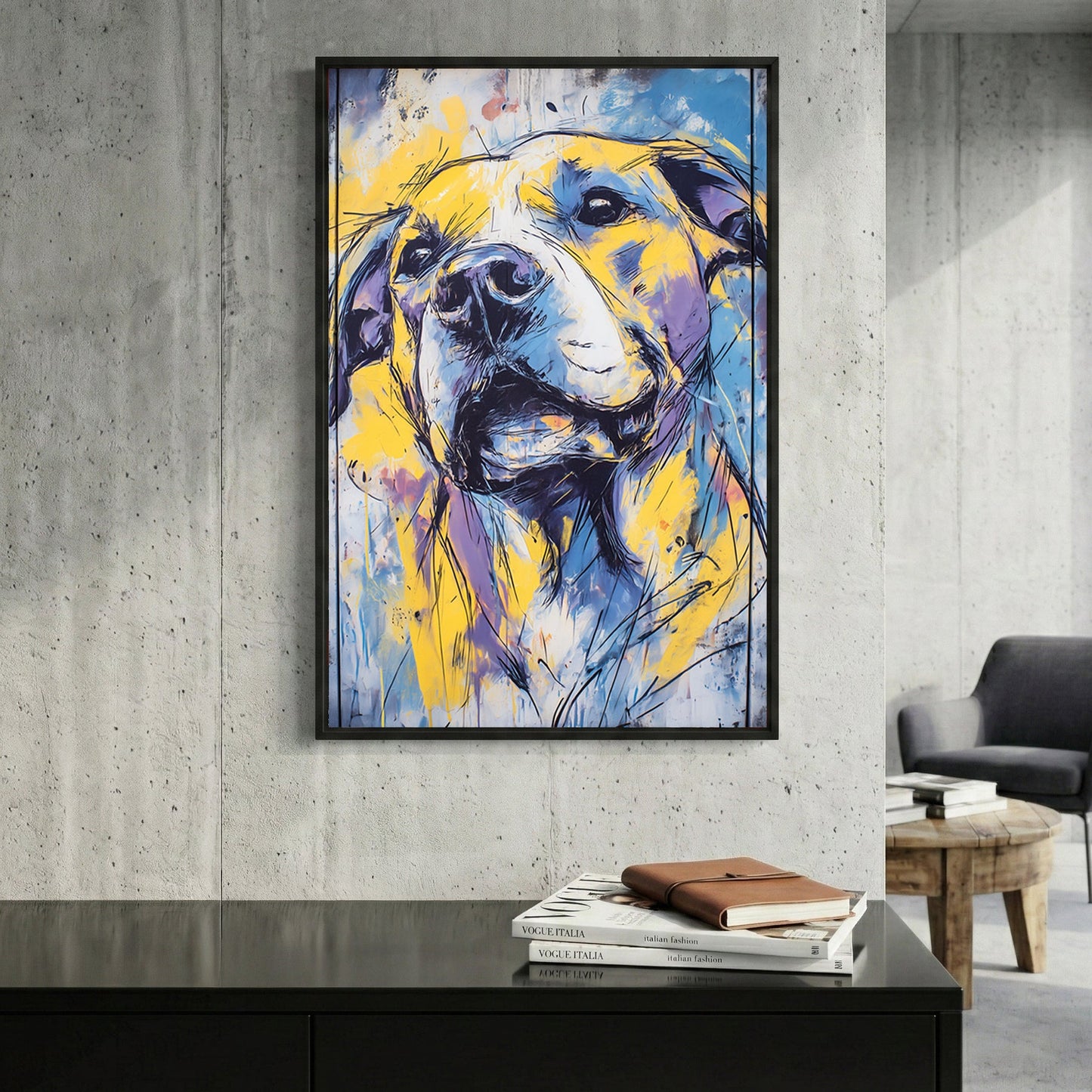 Golden retriever mixed media wall art with bold colours