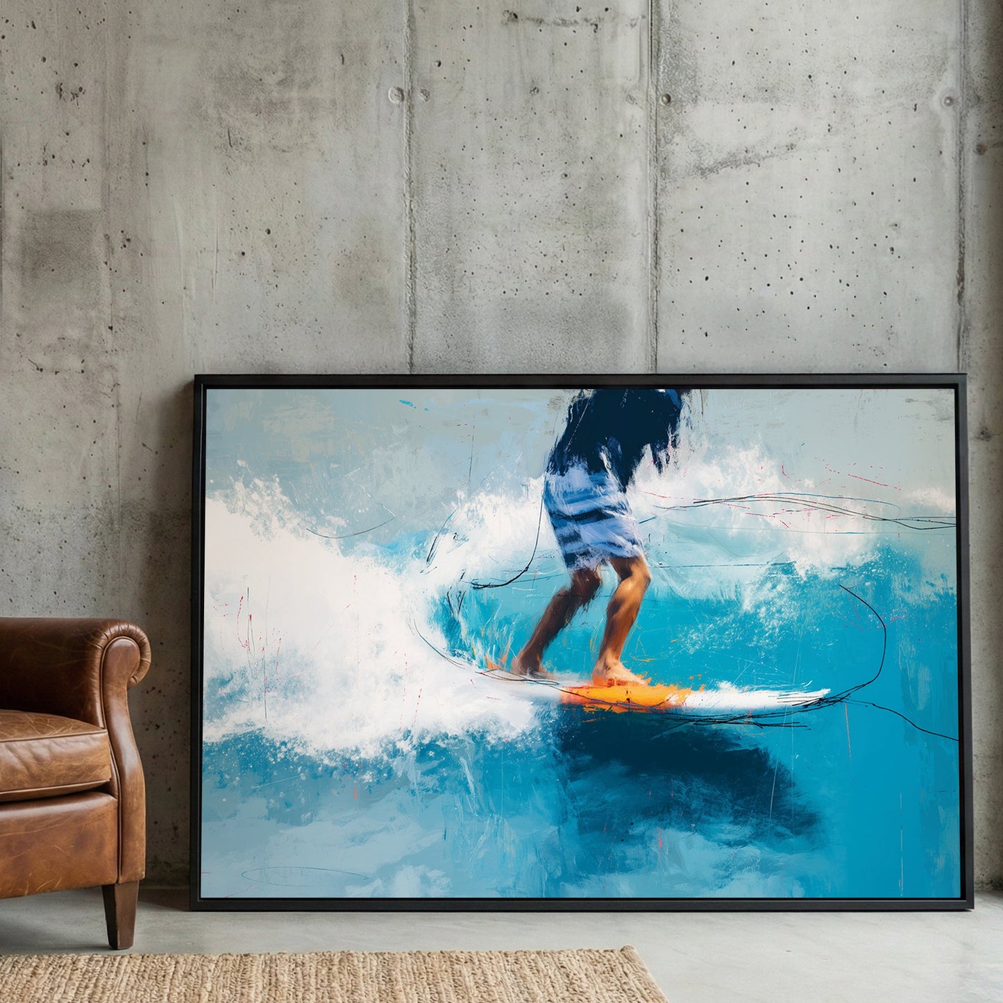 Surfer riding a wave with turquoise water and orange accents