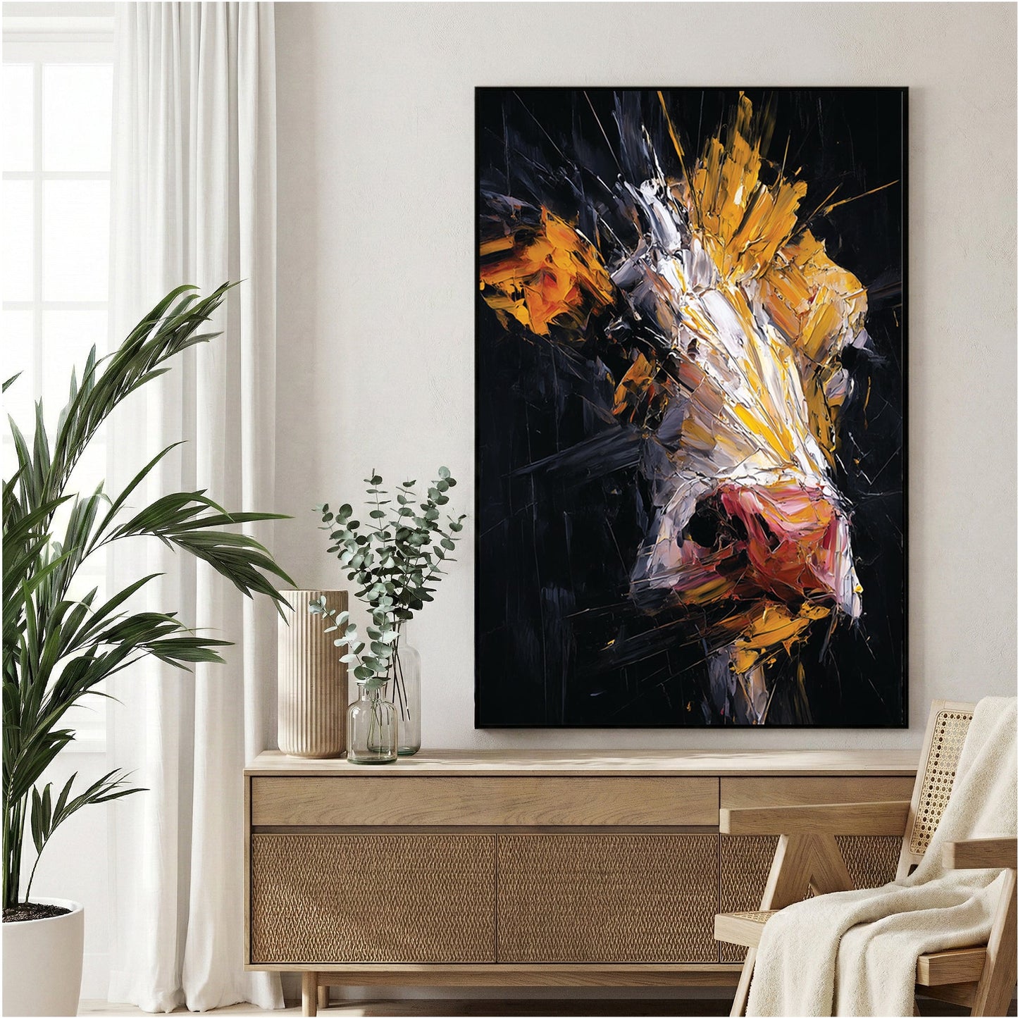 Abstract cow in mixed media with yellow, orange and dark tones