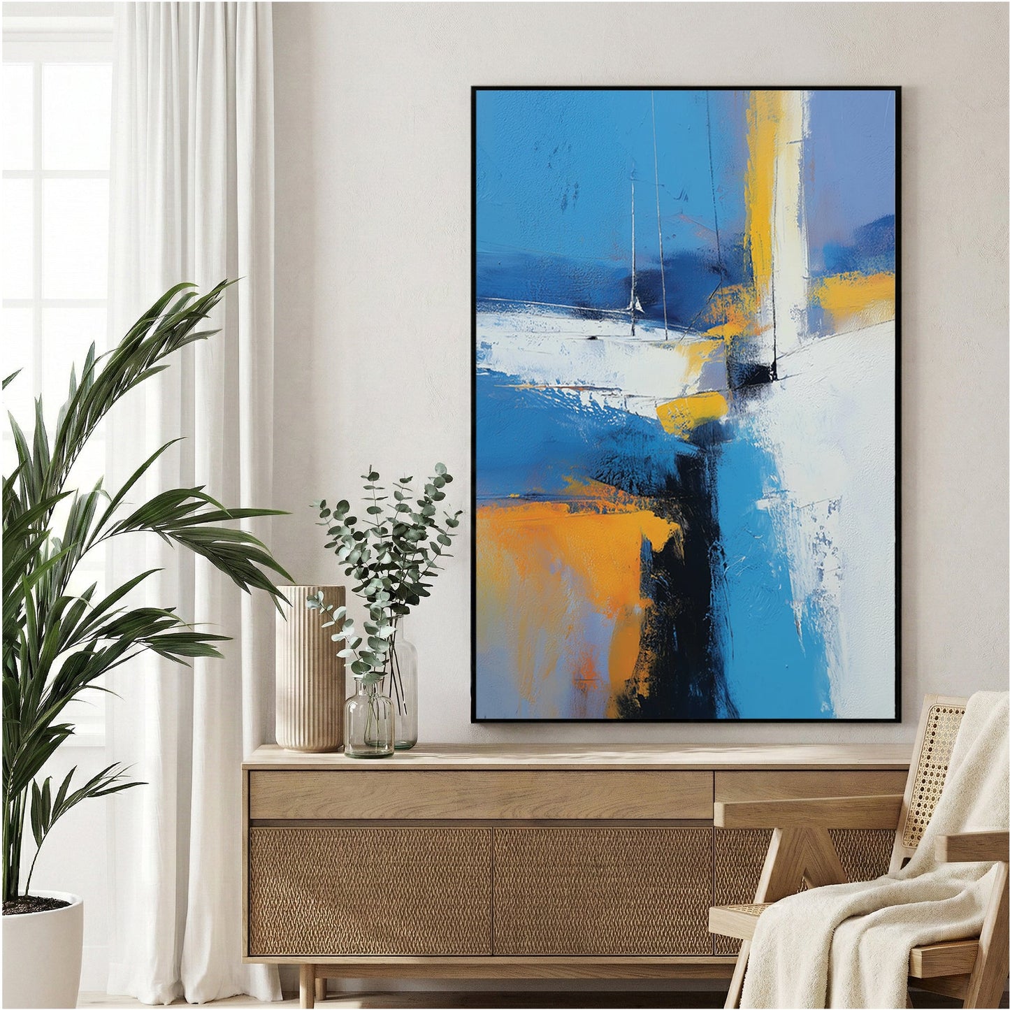 Abstract sailboat landscape with blue, orange, and white geometric forms