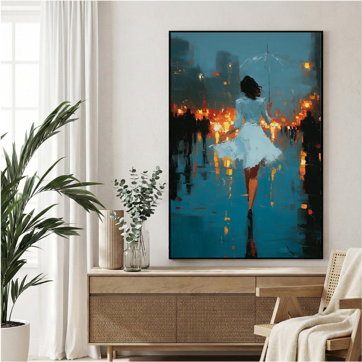 Woman in white dress in rain-soaked city street with lights, contemporary illustration