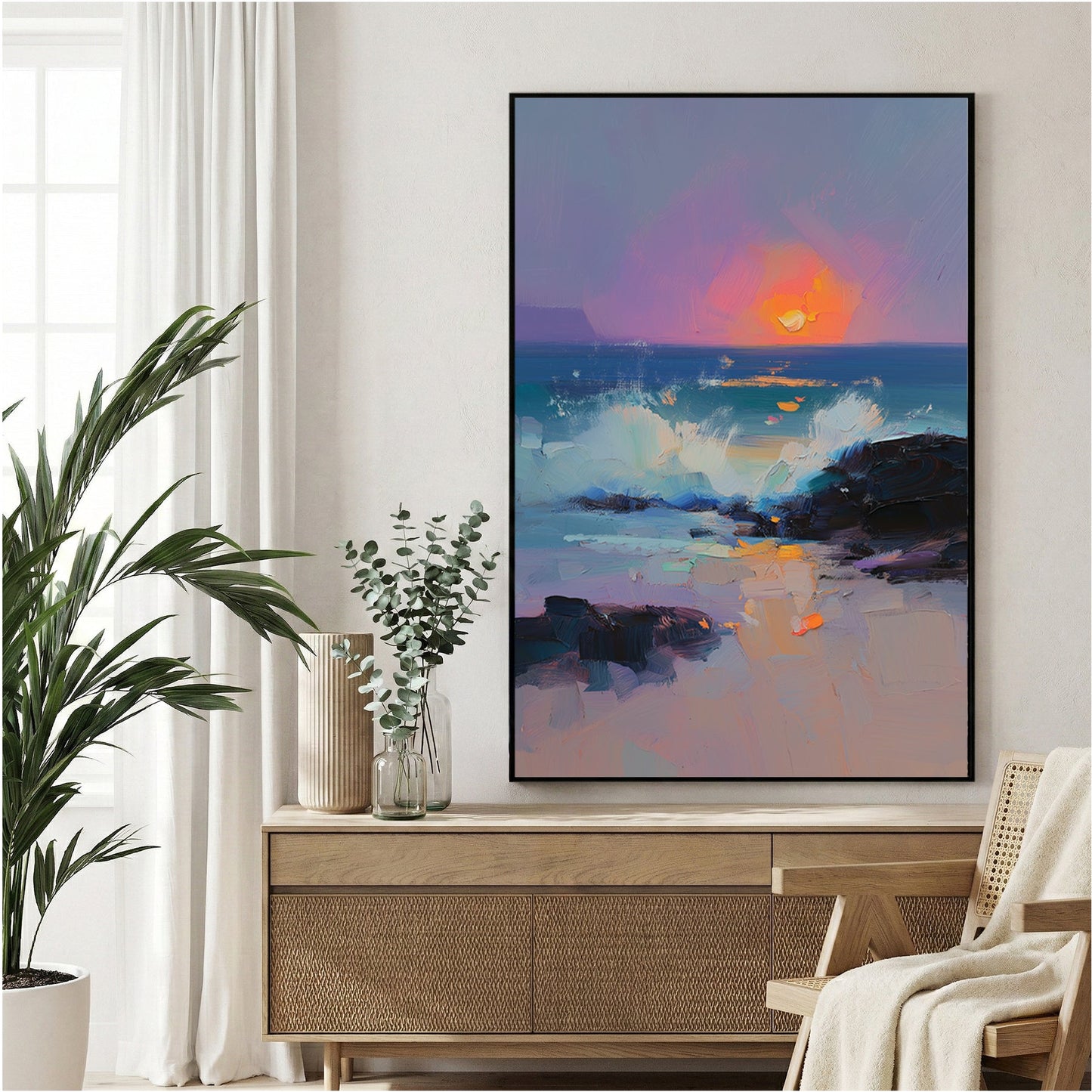 Ocean sunset watercolour with golden orange tones and purple sky over water