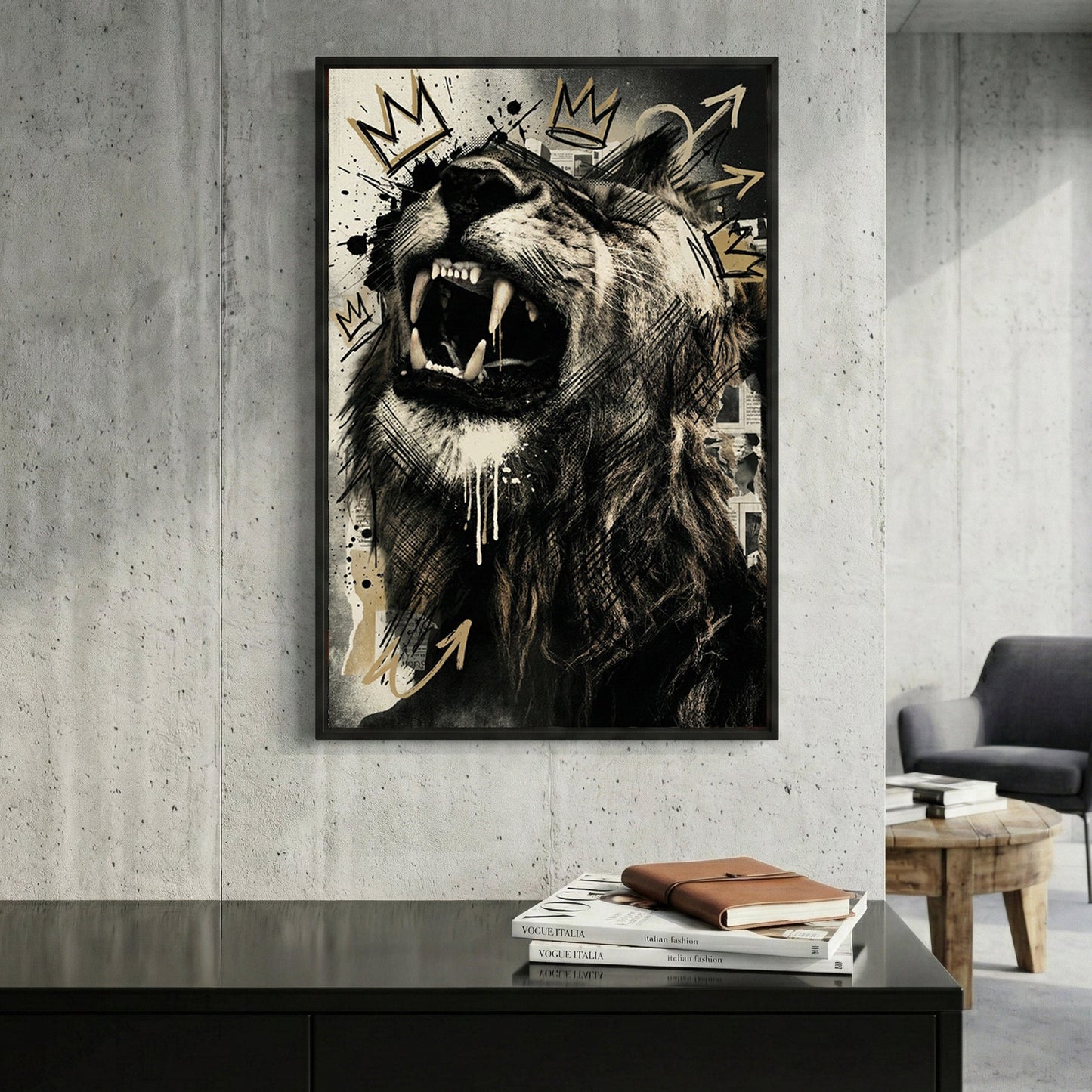 Roaring lion with geometric crown and sketch graffiti style