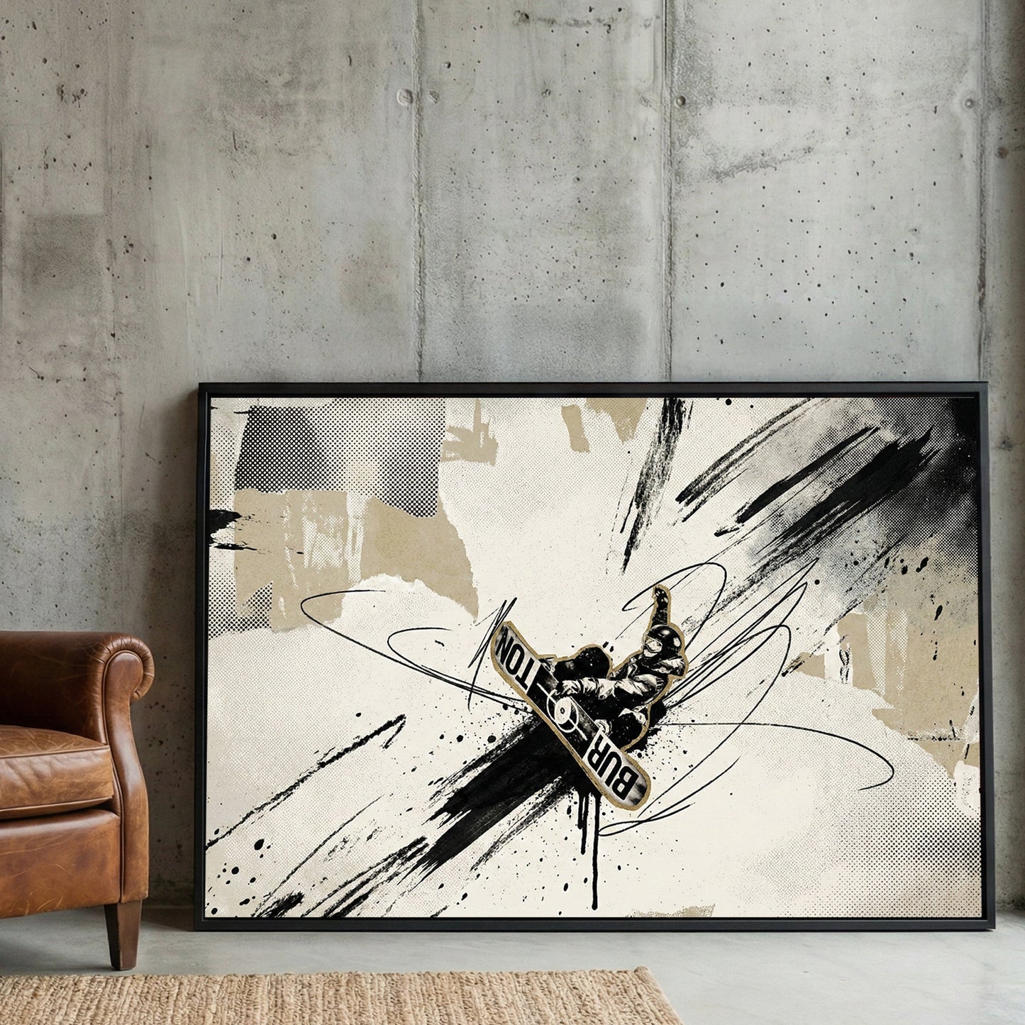 Snowboarder jumping mid-air with urban mixed media style