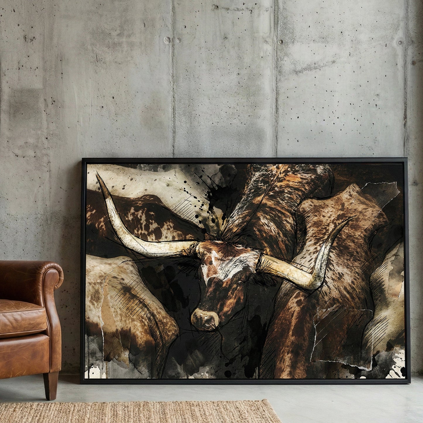 Texas Longhorn cattle portrait watercolour animal wall art