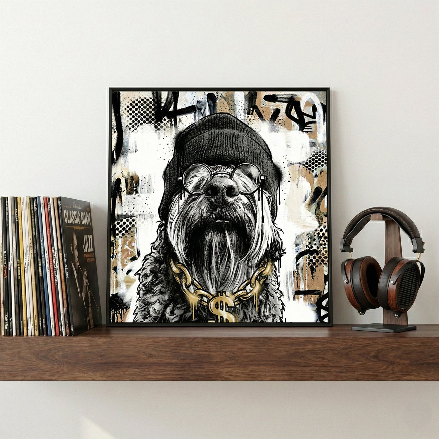 Dog wearing toque glasses and gold chain street art style