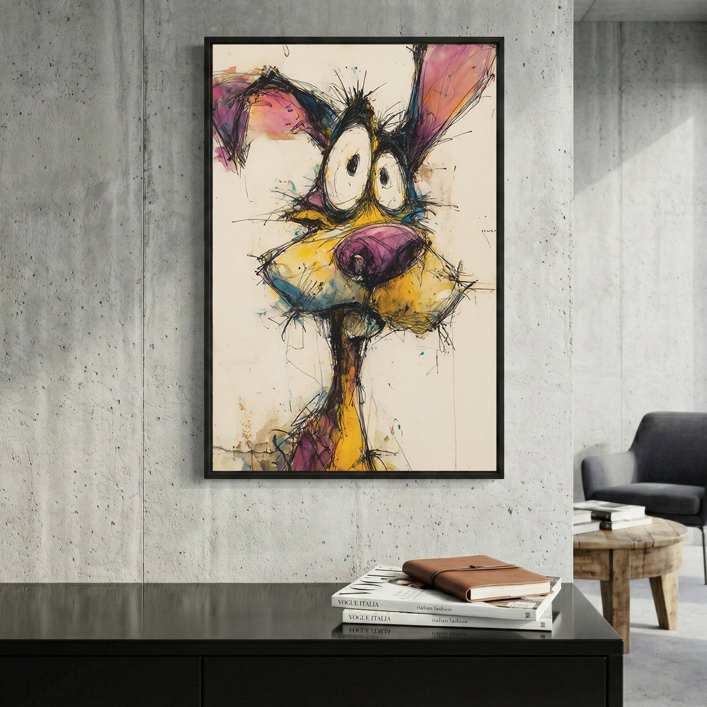 Quirky dog portrait with expressive grin and playful watercolour mixed media style