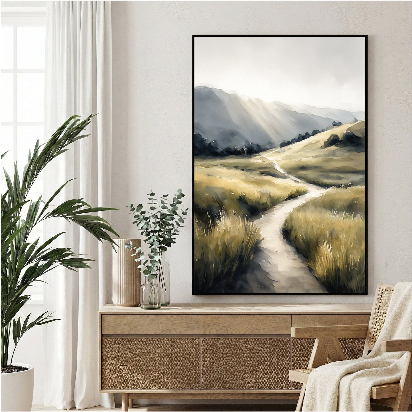 Rolling hills and pastoral landscape with winding path wall art print