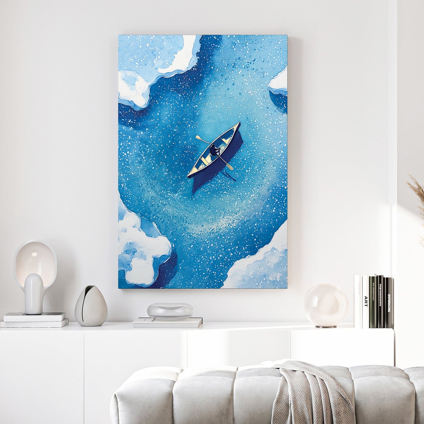 Sailboat on blue ocean with white ice floes watercolour wall art print
