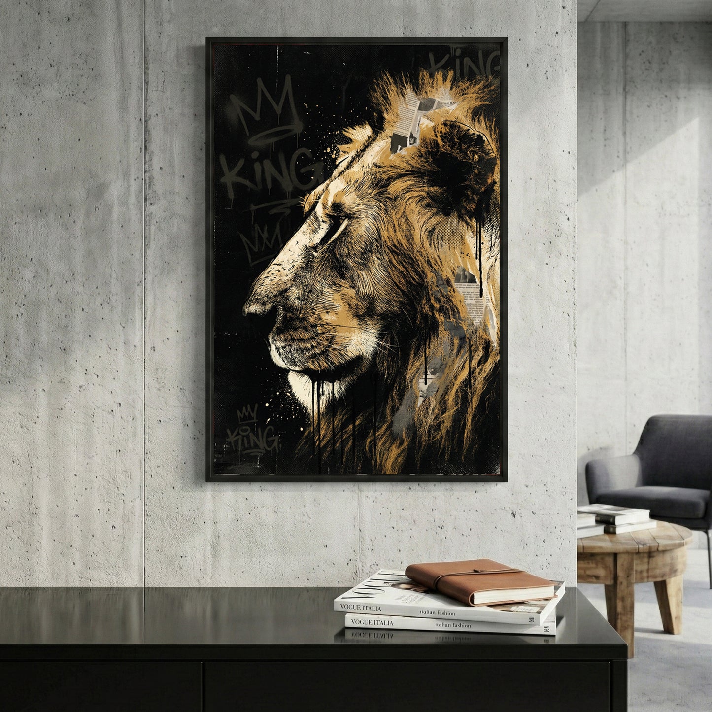 Lion King Graffiti Gold framed canvas wall art print in a gallery-style display