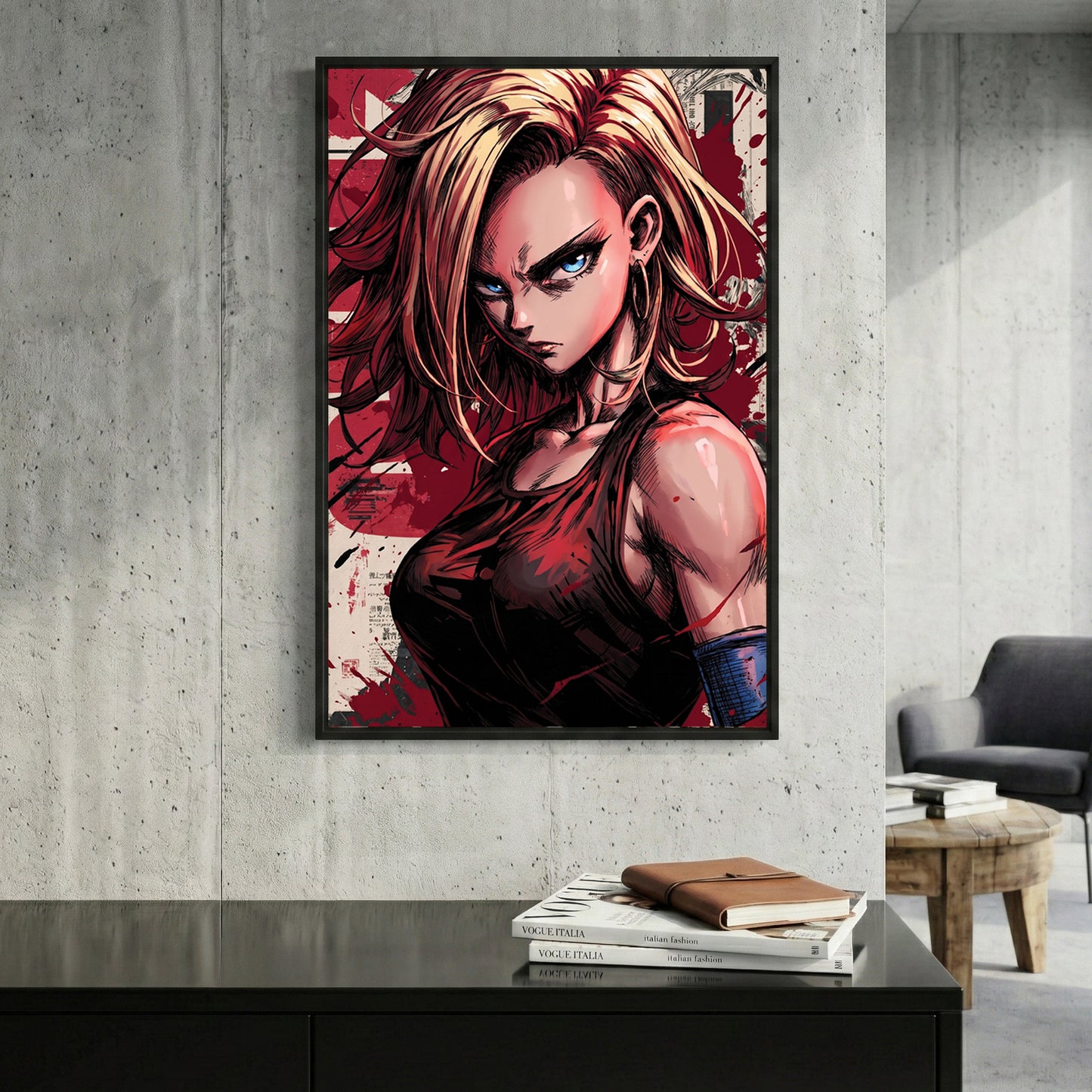Android 18 Dragon Ball Z Anime framed canvas wall art print in a gallery-style display