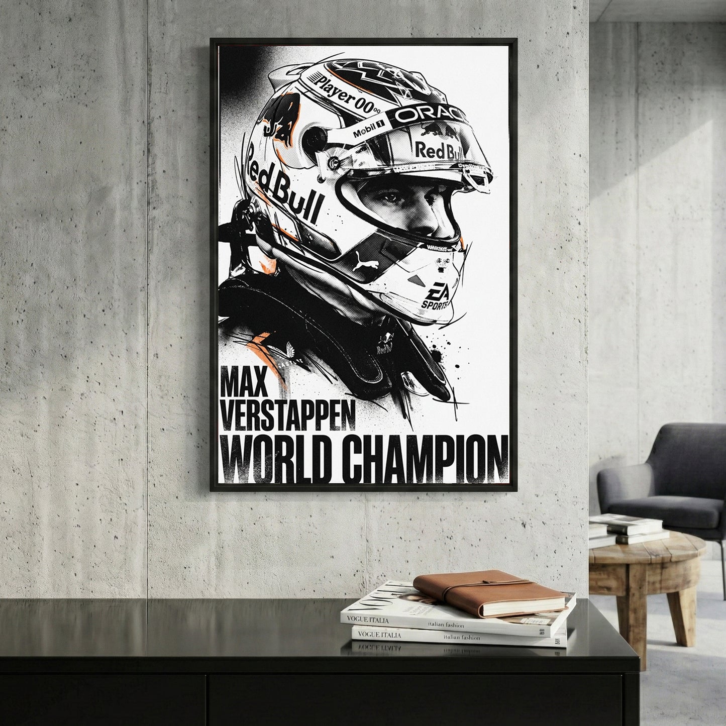 Max Verstappen World Champion F1 framed canvas wall art print in a gallery-style display